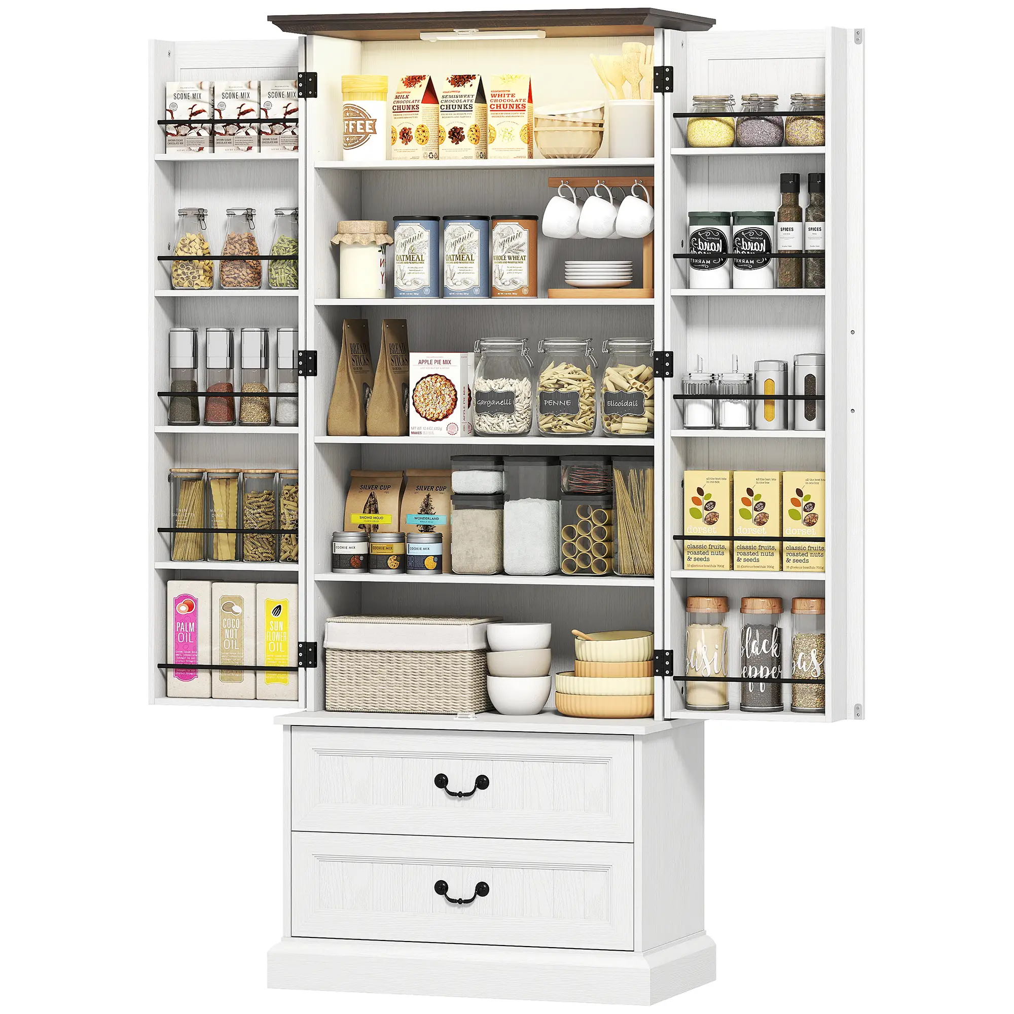 72" LED Kitchen Pantry Cabinet, 10 Door Shelves, 2 Drawers, White