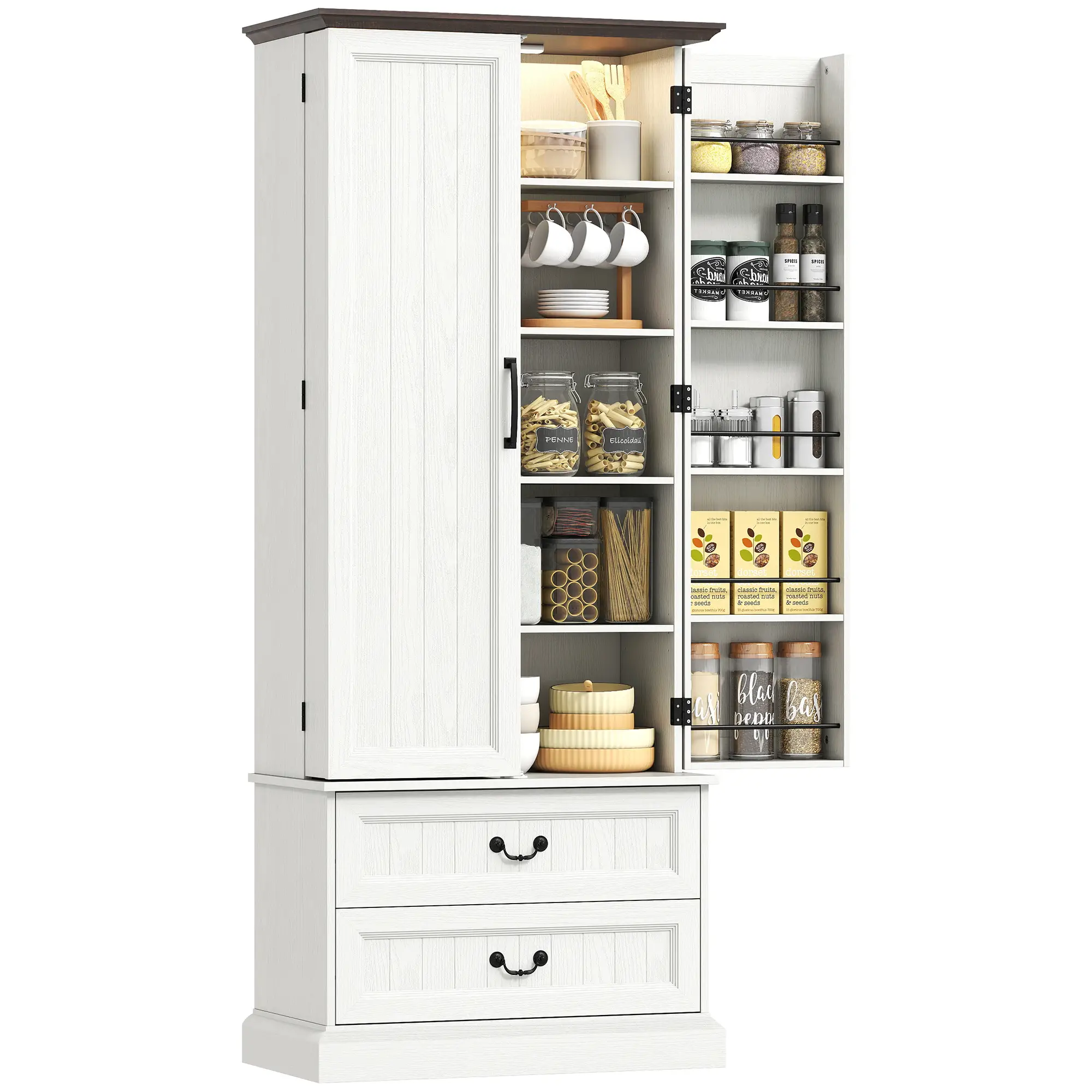 72" LED Kitchen Pantry Cabinet, 10 Door Shelves, 2 Drawers, White - Image 11