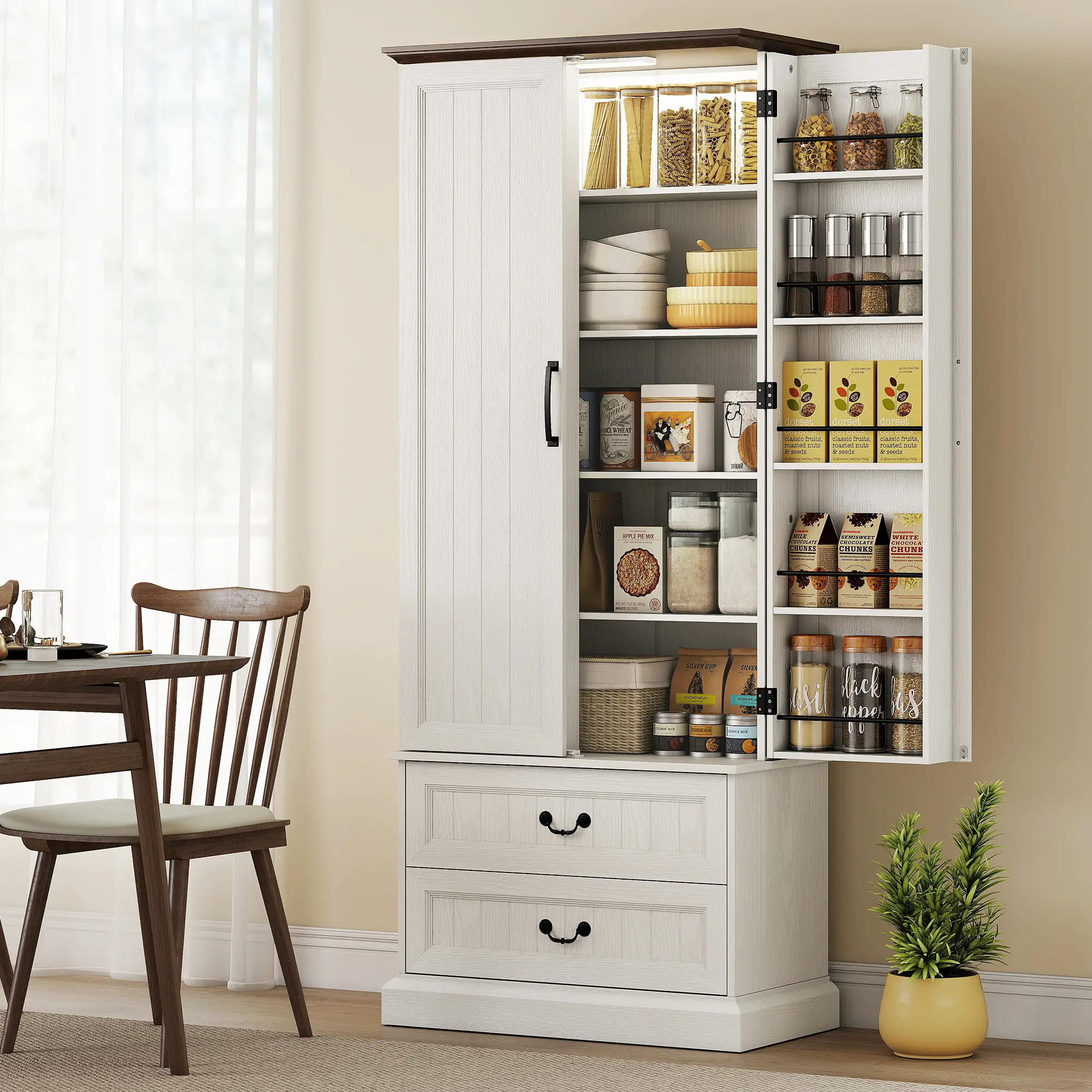 72" LED Kitchen Pantry Cabinet, 10 Door Shelves, 2 Drawers, White - Image 2