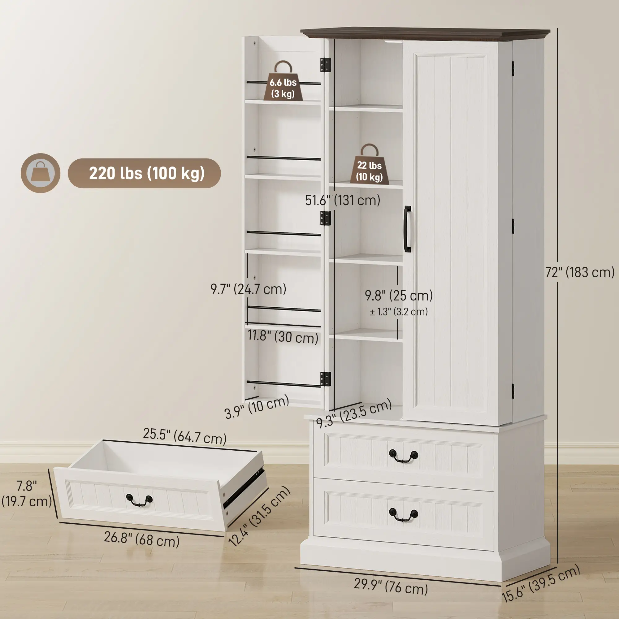 72" LED Kitchen Pantry Cabinet, 10 Door Shelves, 2 Drawers, White - Image 3