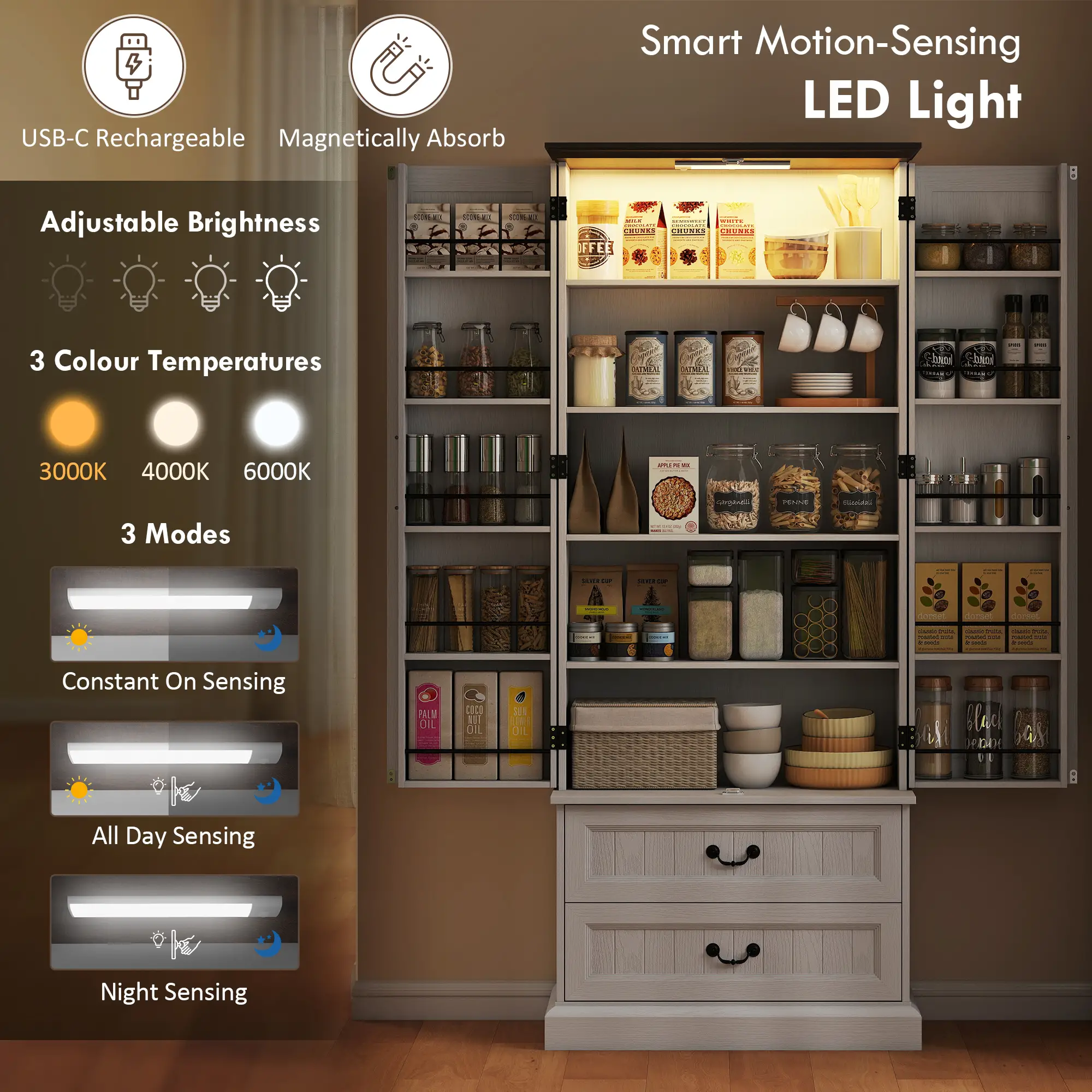 72" LED Kitchen Pantry Cabinet, 10 Door Shelves, 2 Drawers, White - Image 4