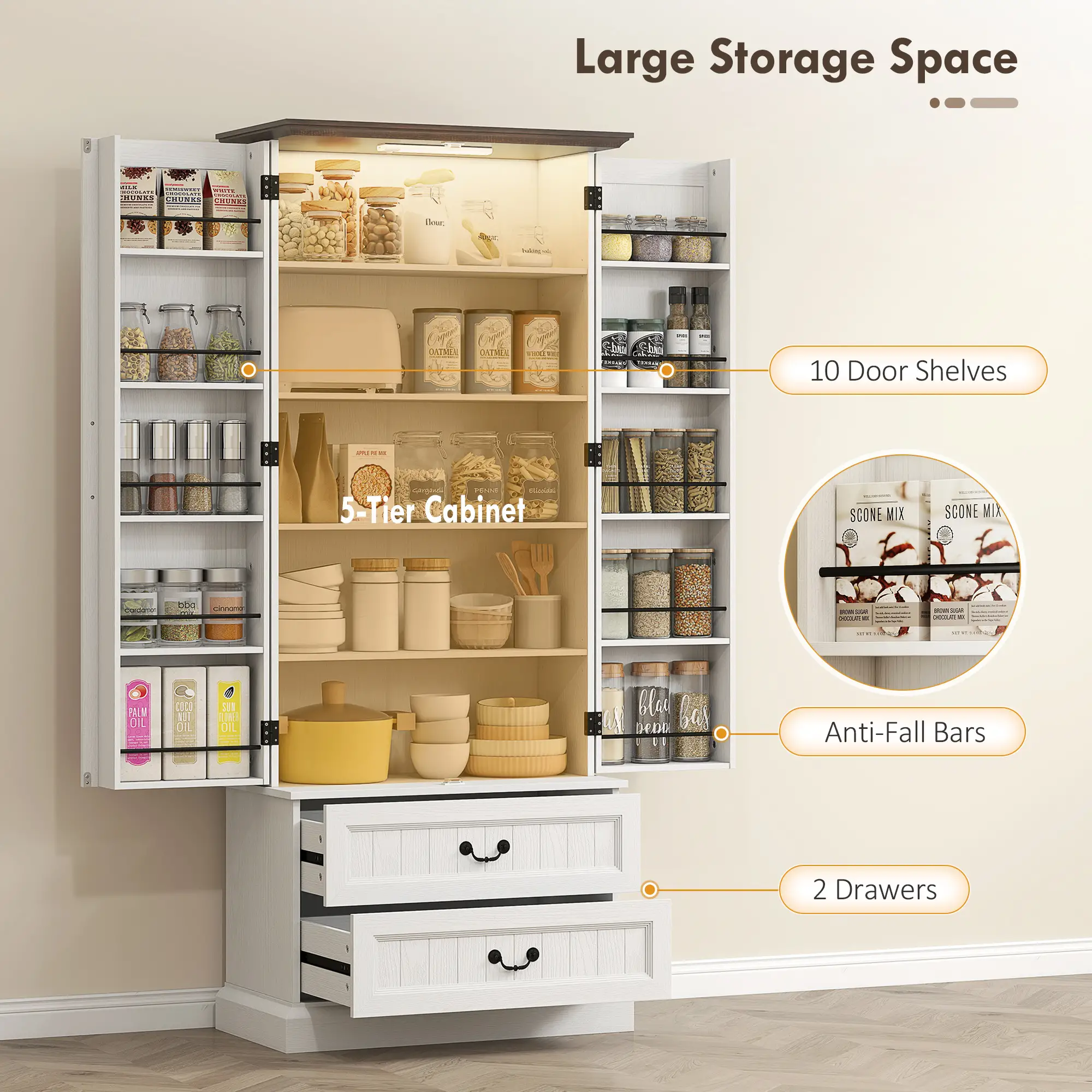 72" LED Kitchen Pantry Cabinet, 10 Door Shelves, 2 Drawers, White - Image 5