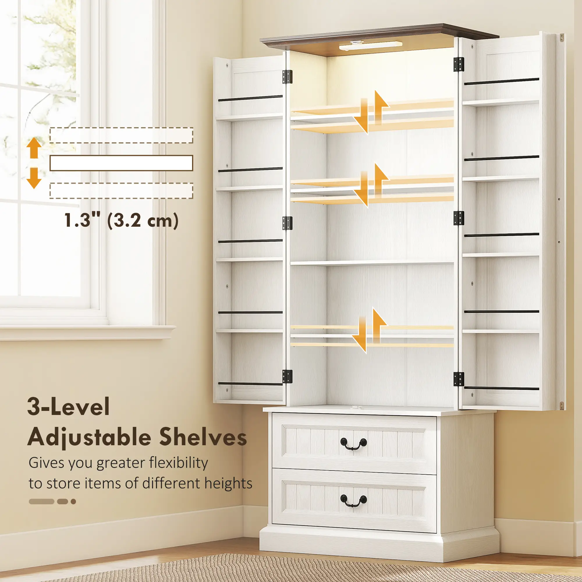 72" LED Kitchen Pantry Cabinet, 10 Door Shelves, 2 Drawers, White - Image 6