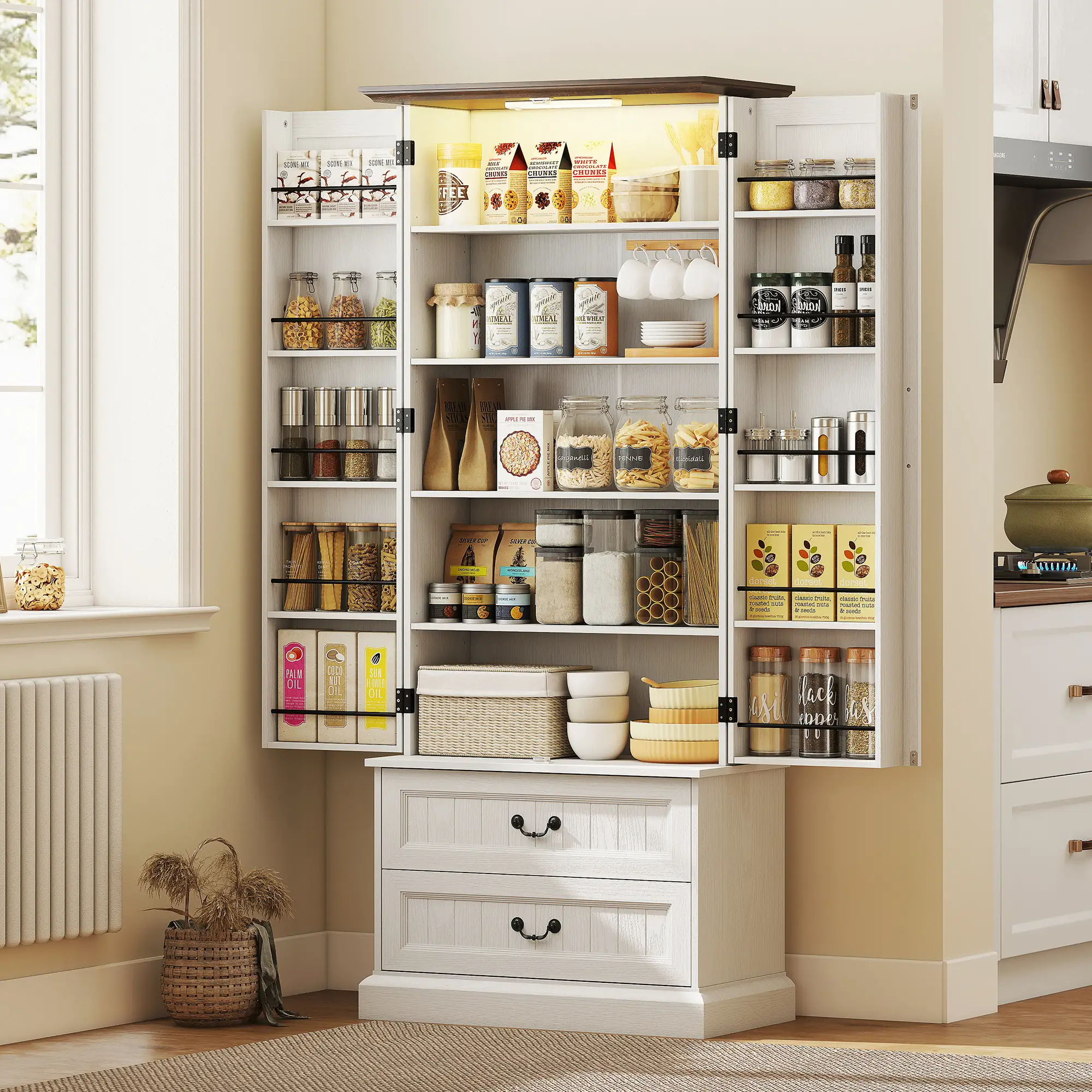 72" LED Kitchen Pantry Cabinet, 10 Door Shelves, 2 Drawers, White - Image 8