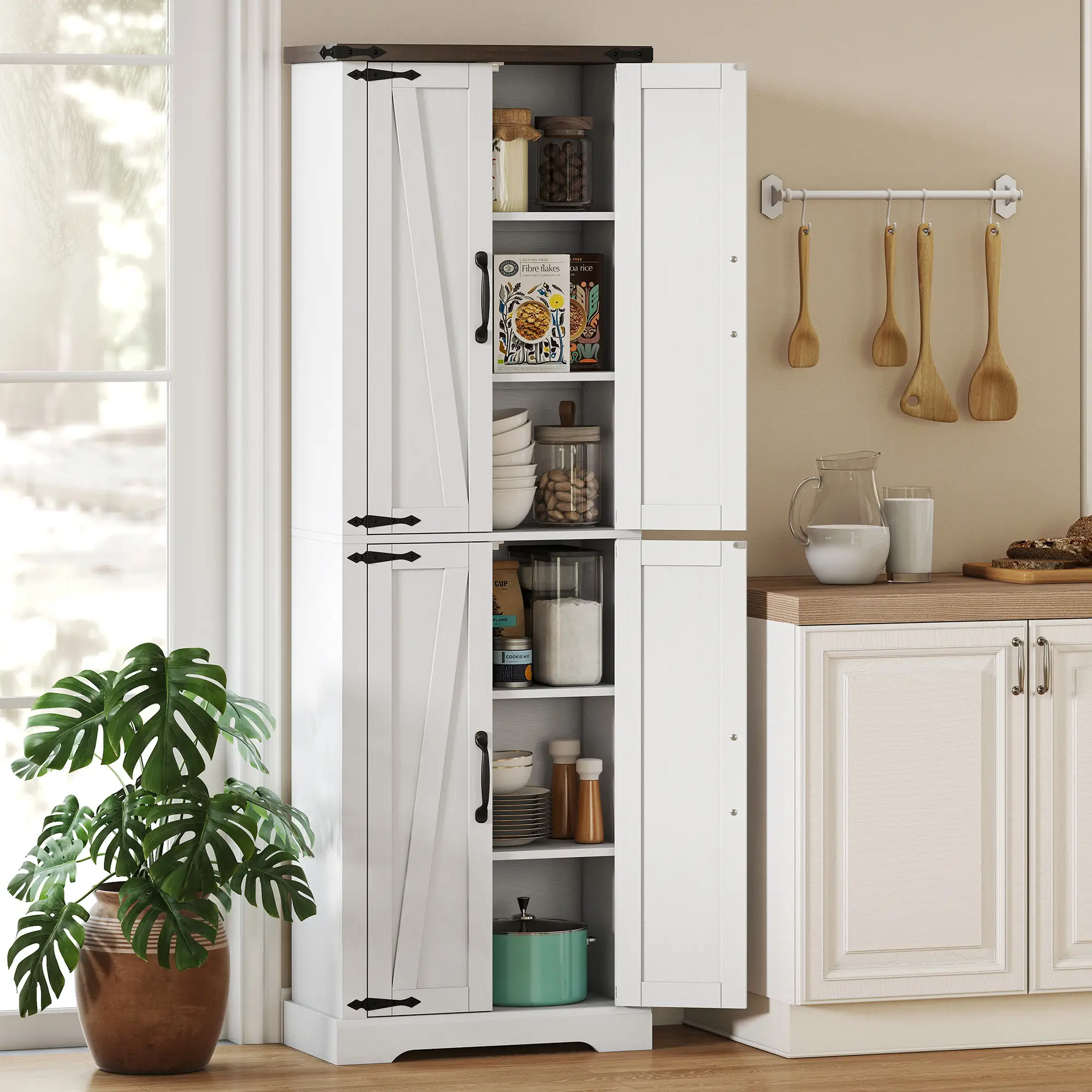 72" Pantry Cabinet, Farmhouse Kitchen Storage, Adjustable Shelves, White - Image 2