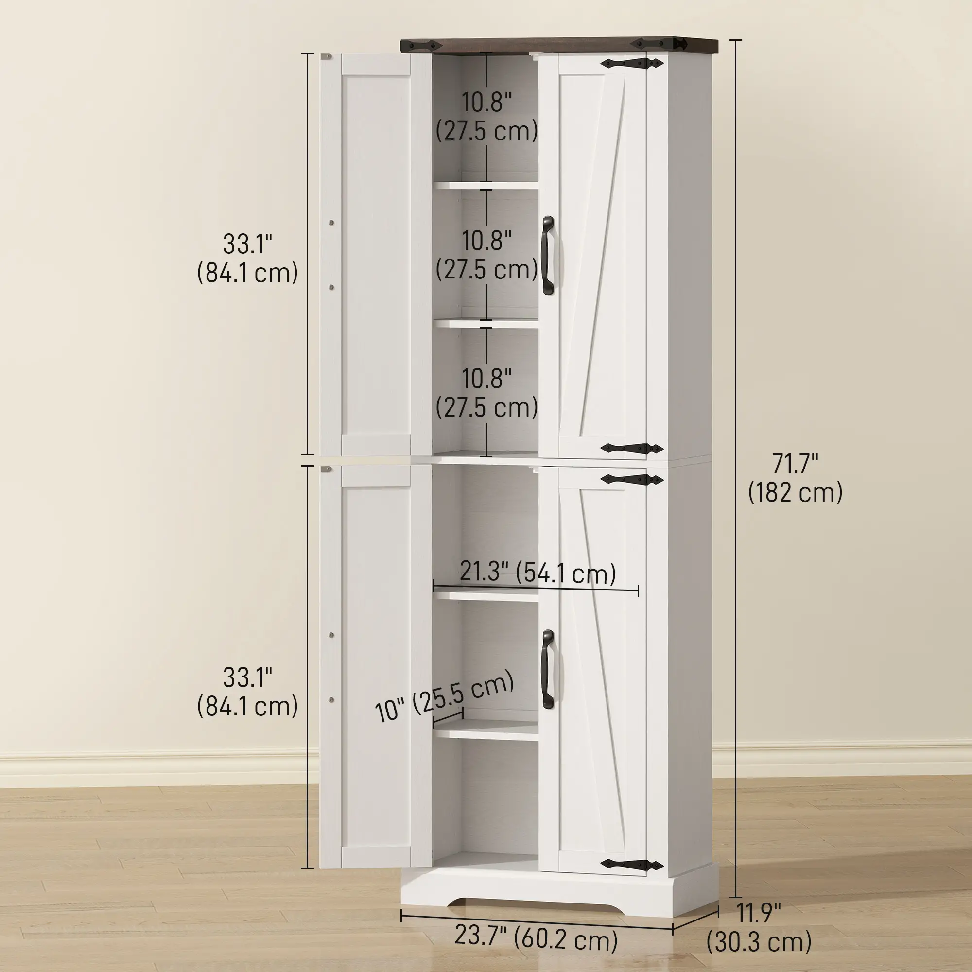 72" Pantry Cabinet, Farmhouse Kitchen Storage, Adjustable Shelves, White - Image 3