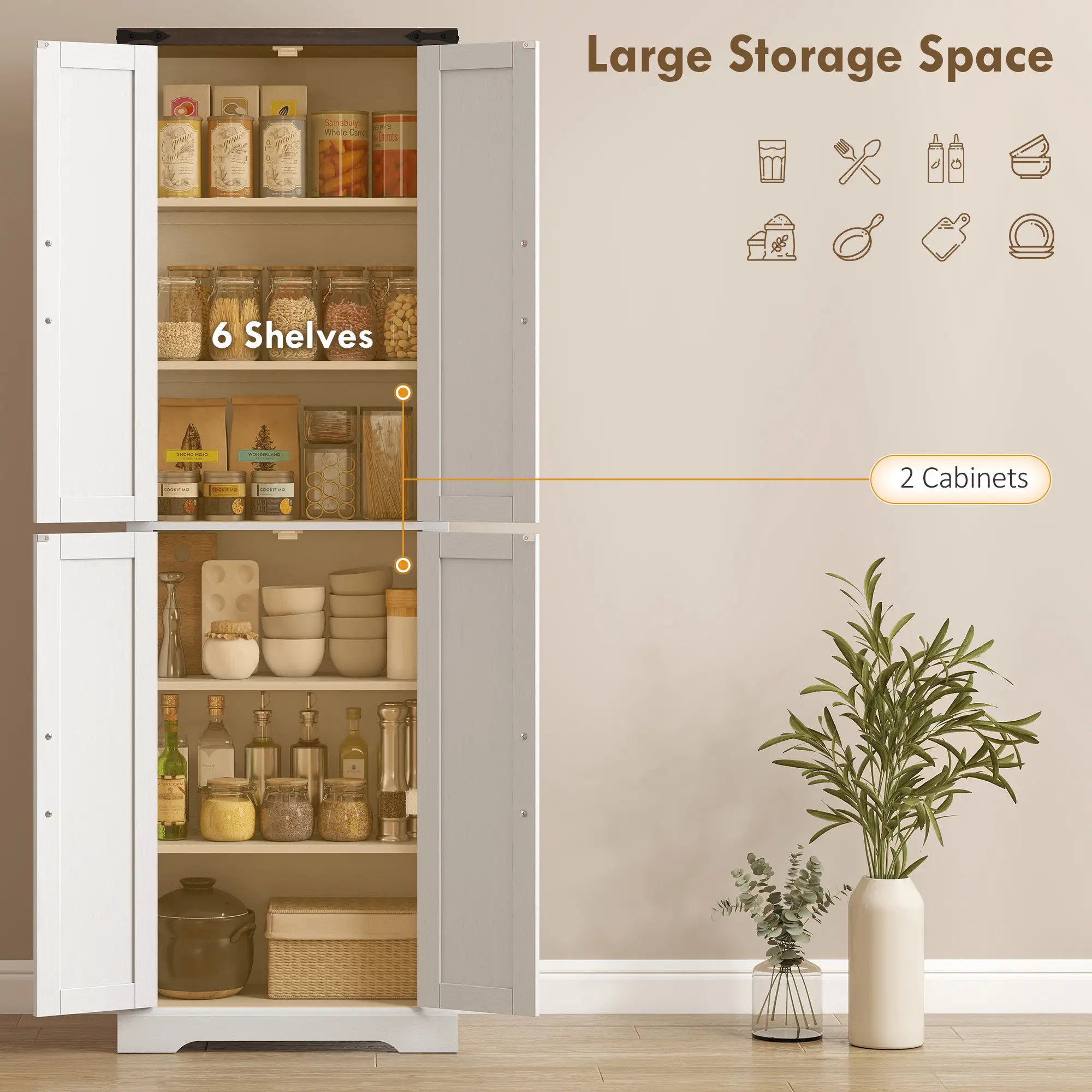 72" Pantry Cabinet, Farmhouse Kitchen Storage, Adjustable Shelves, White - Image 4