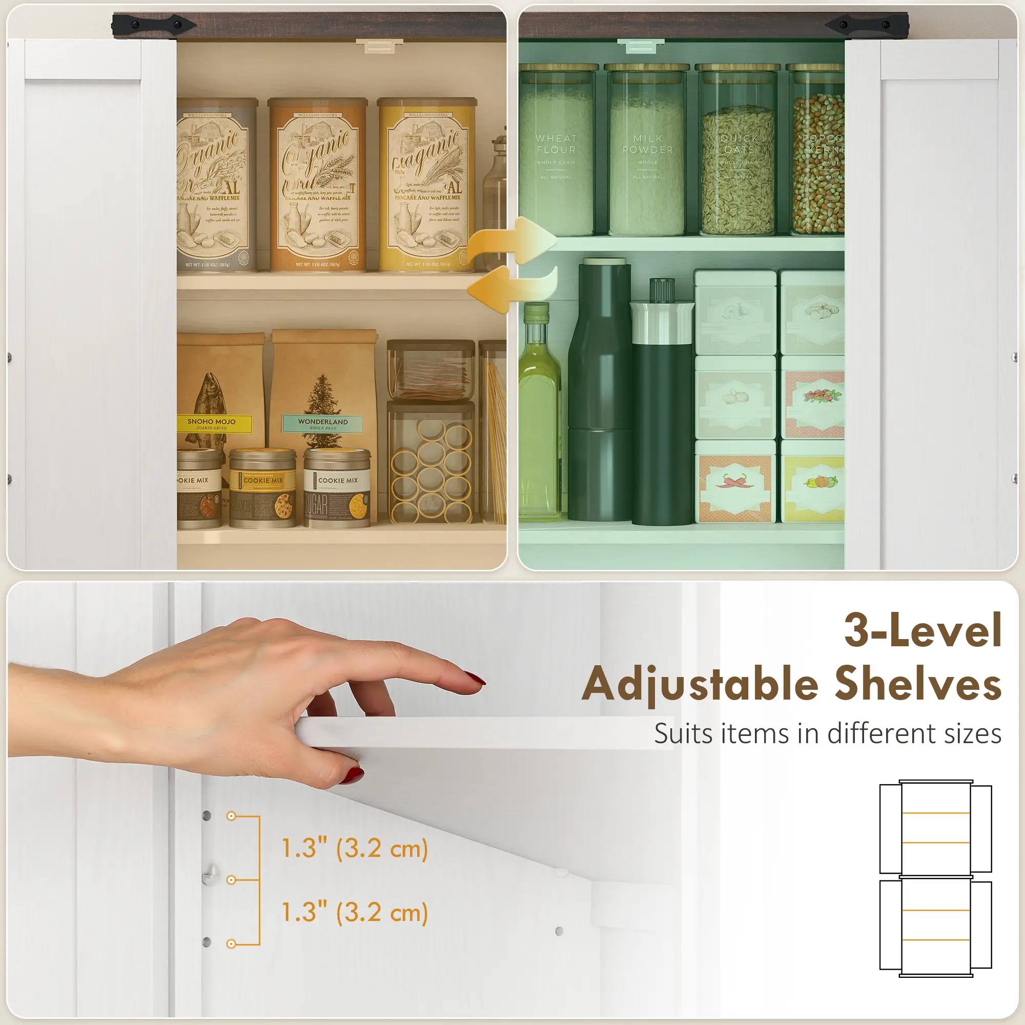 72" Pantry Cabinet, Farmhouse Kitchen Storage, Adjustable Shelves, White - Image 5