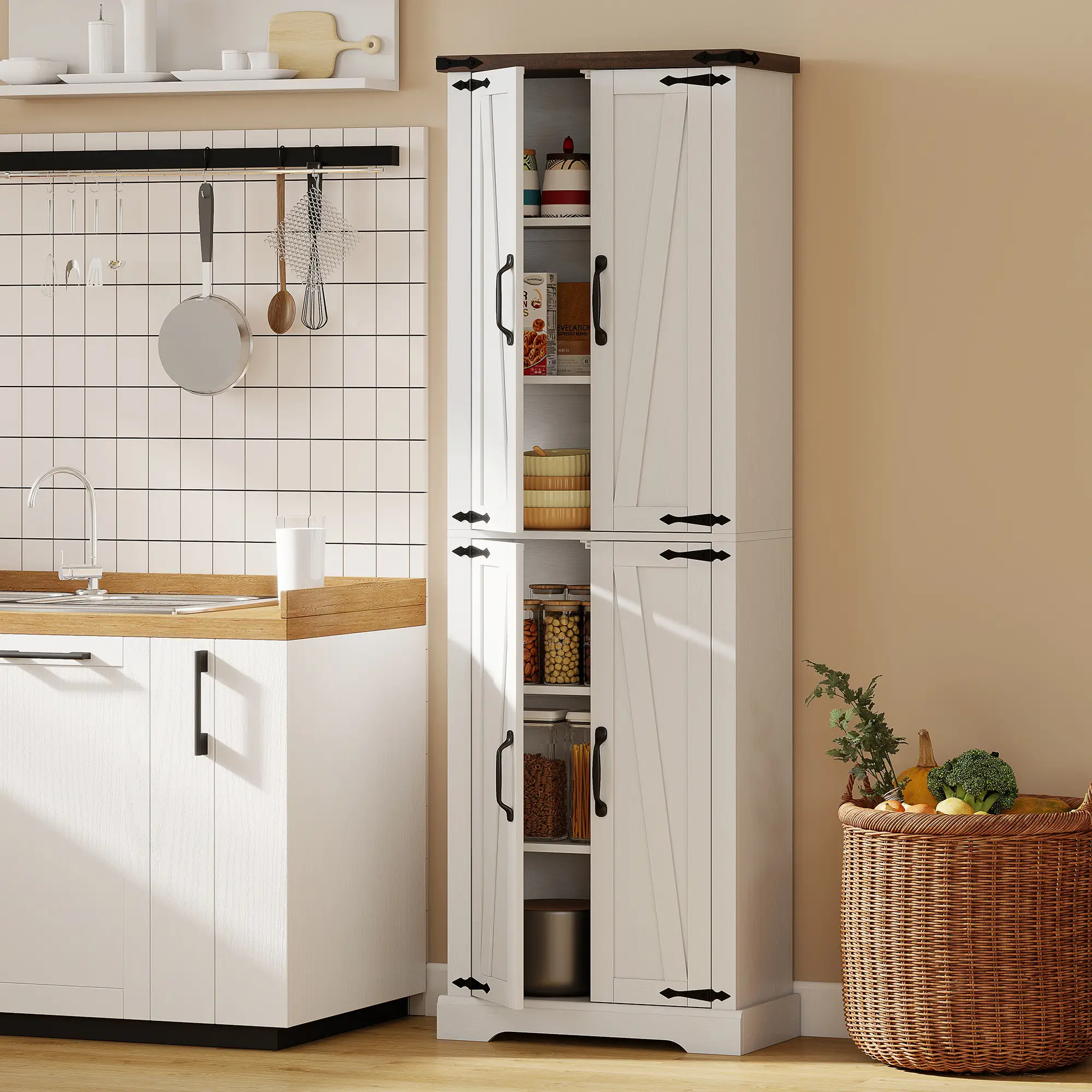 72" Pantry Cabinet, Farmhouse Kitchen Storage, Adjustable Shelves, White - Image 8