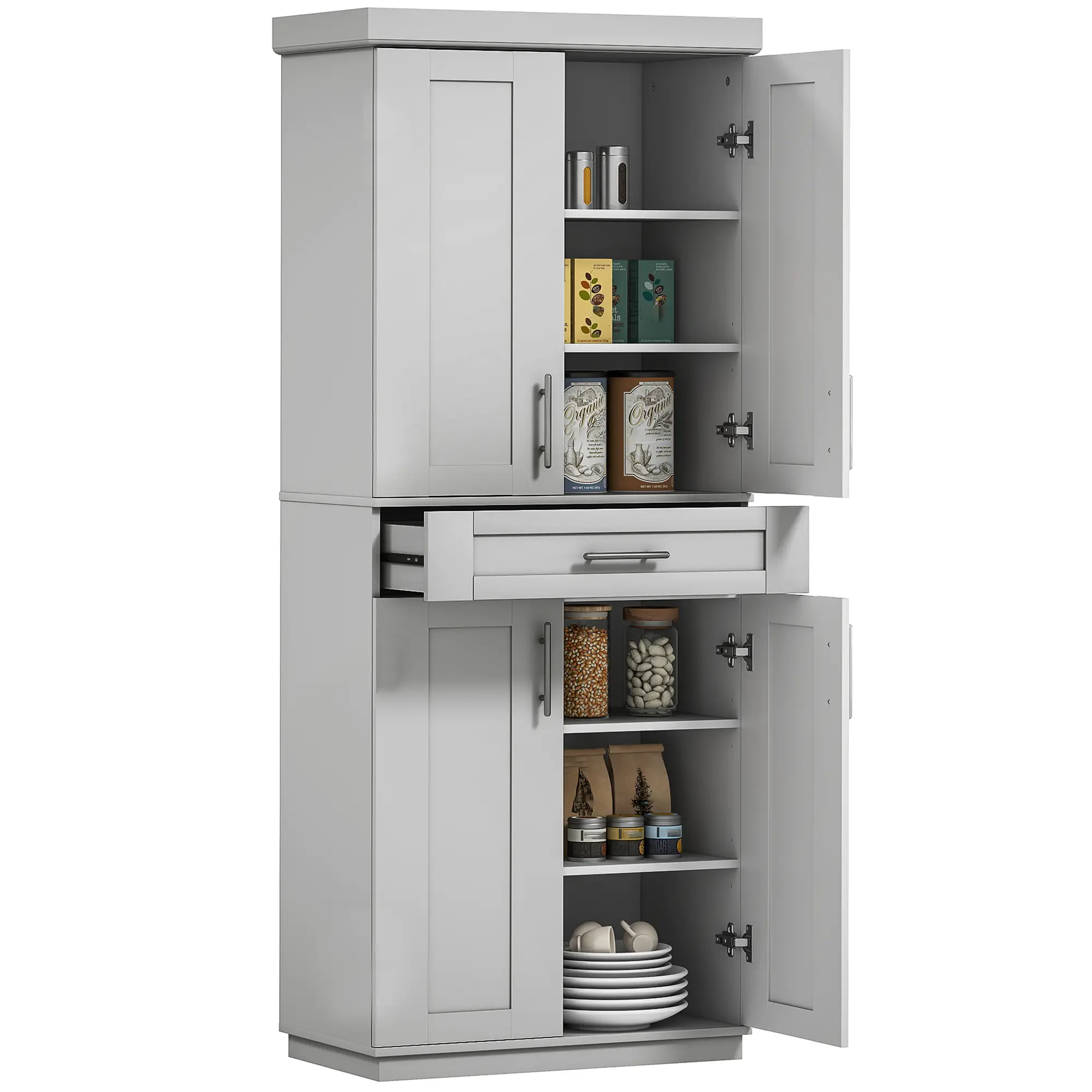 72" Storage Cabinet, Kitchen Pantry with 4 Doors, Drawer, 3 Shelves, Grey