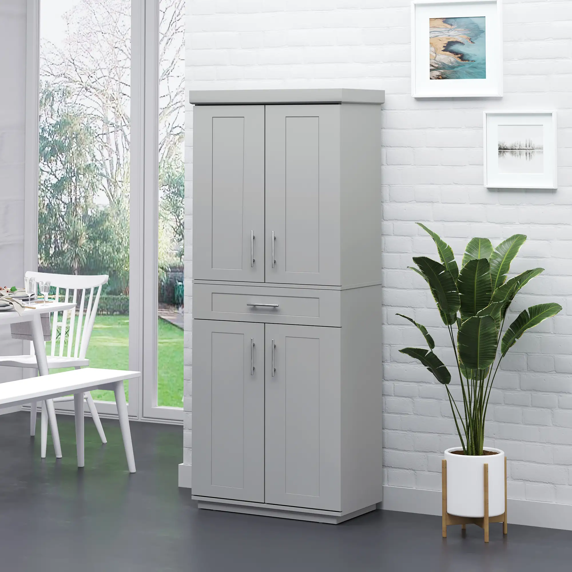 72" Storage Cabinet, Kitchen Pantry with 4 Doors, Drawer, 3 Shelves, Grey - Image 2