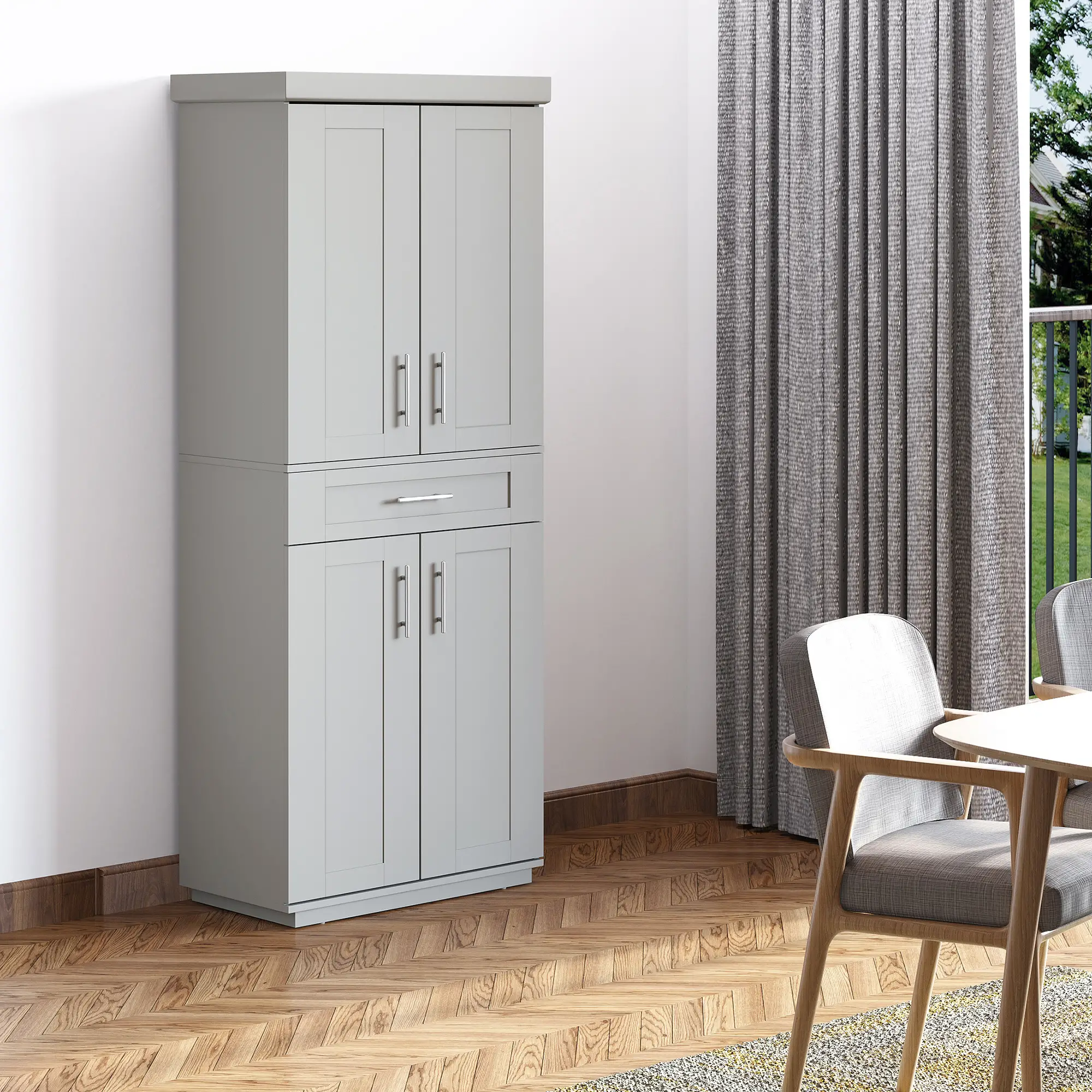 72" Storage Cabinet, Kitchen Pantry with 4 Doors, Drawer, 3 Shelves, Grey - Image 4