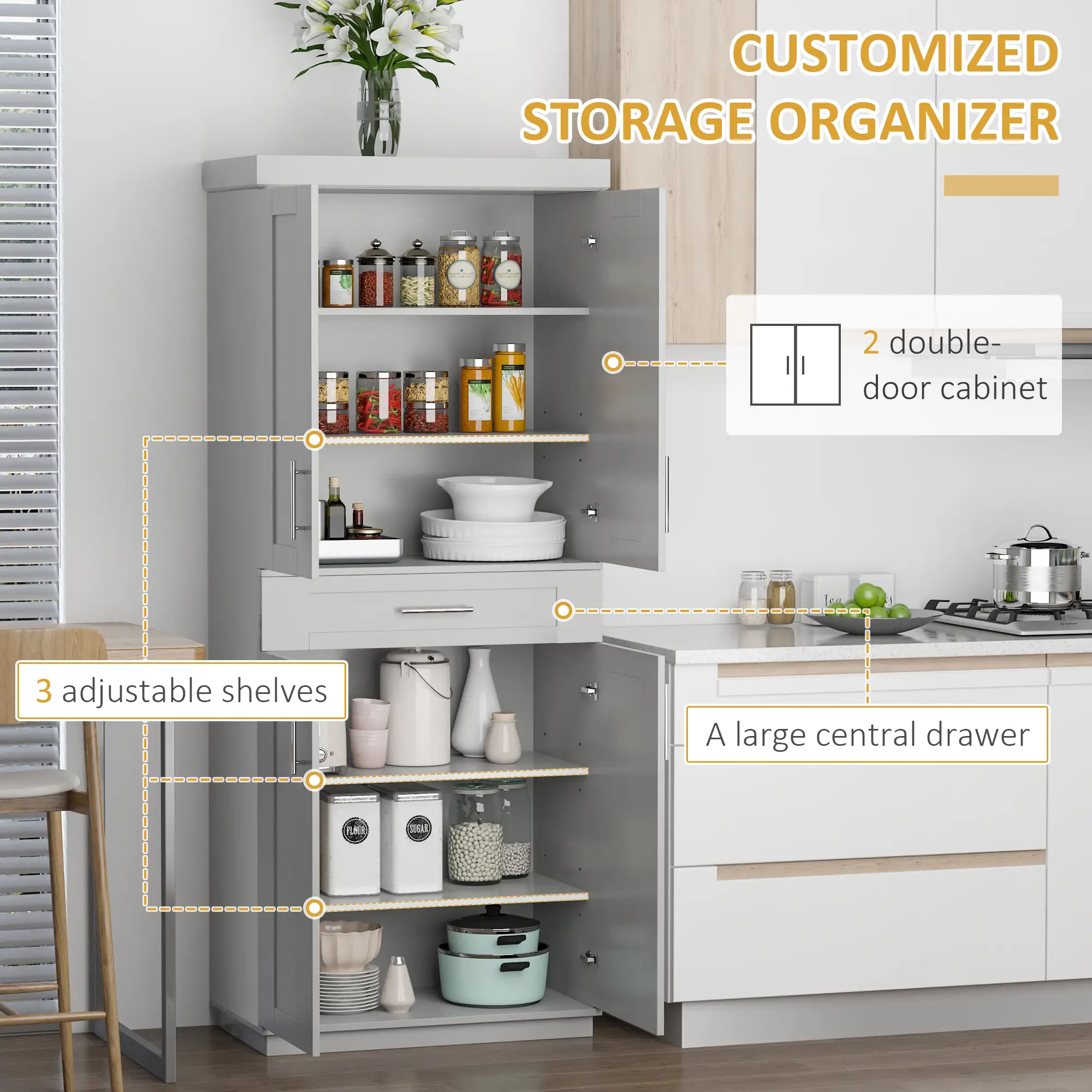 72" Storage Cabinet, Kitchen Pantry with 4 Doors, Drawer, 3 Shelves, Grey - Image 5