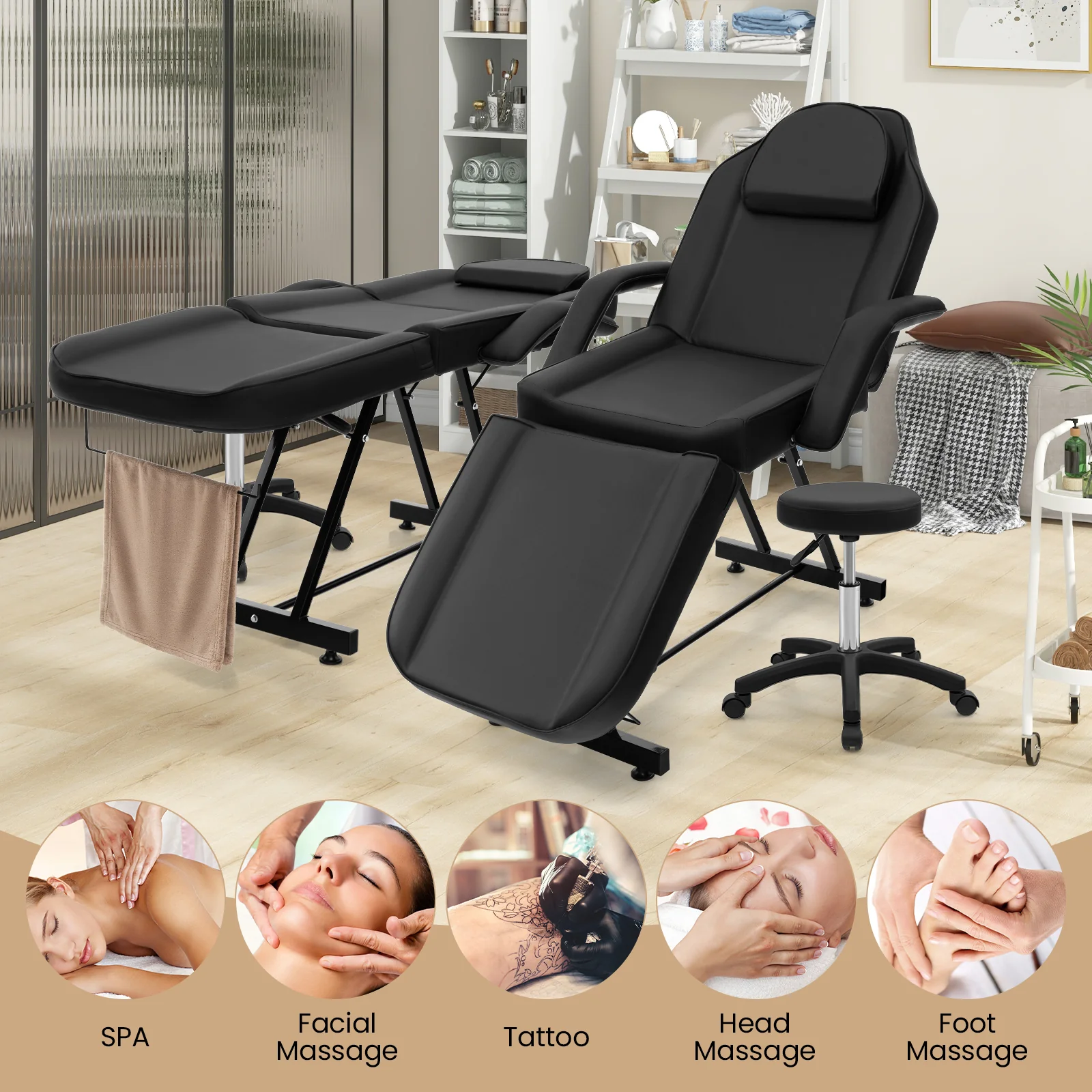 73 Inch Facial Chair Set, Removable Headrest, Detachable Armrests, Black - Image 7