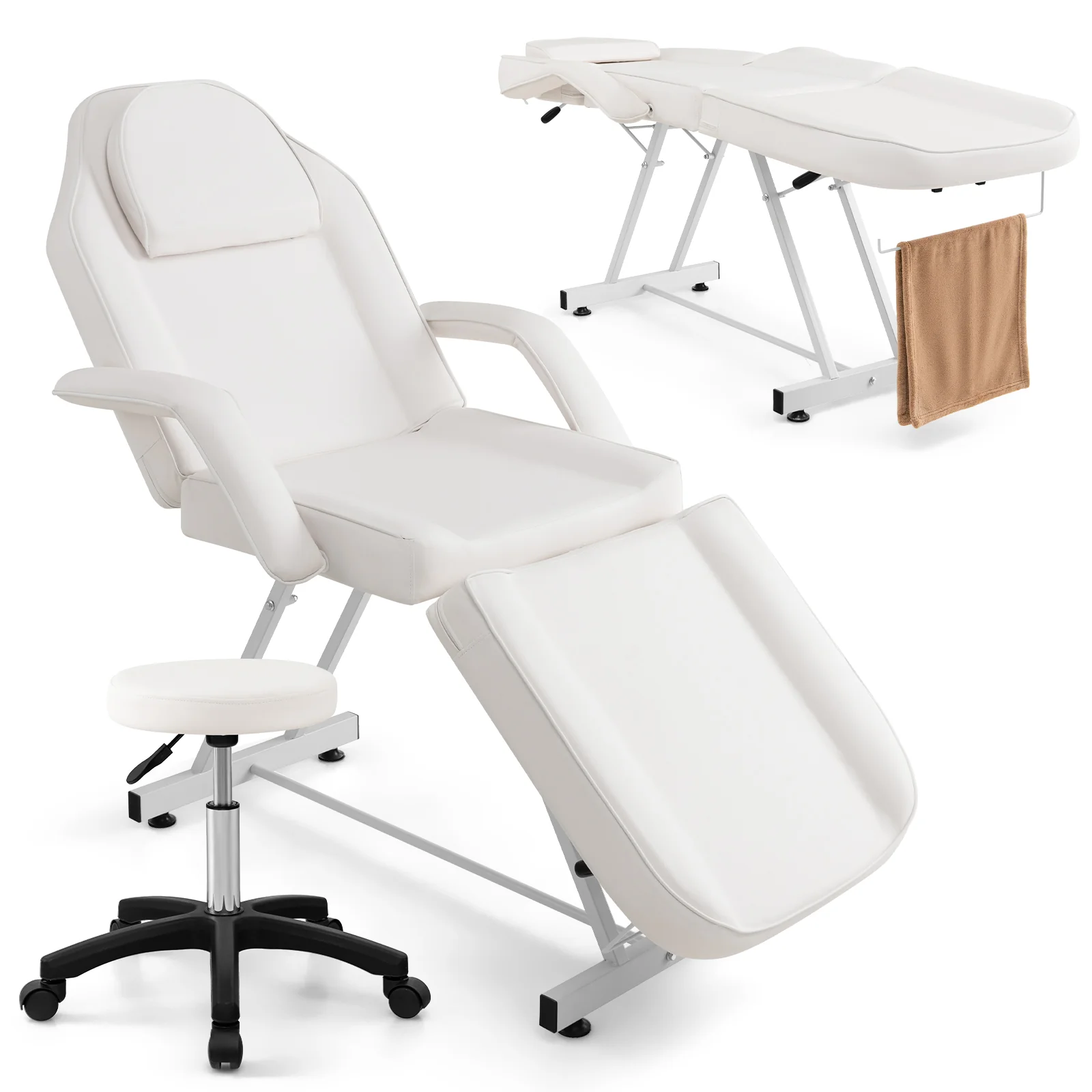 73 Inch Facial Chair Set, Removable Headrest, Detachable Armrests, White
