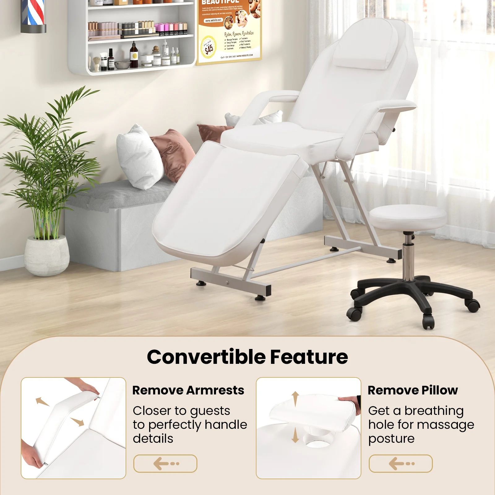 73 Inch Facial Chair Set, Removable Headrest, Detachable Armrests, White - Image 10