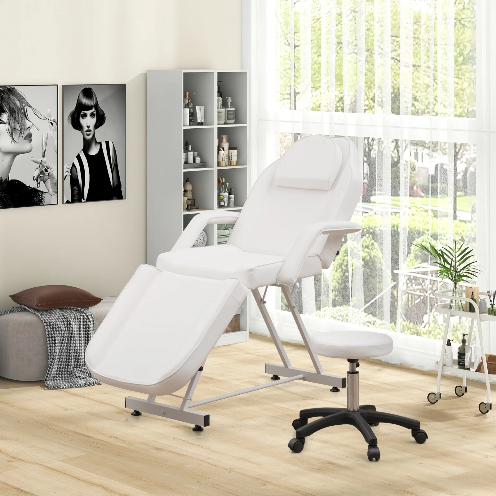 73 Inch Facial Chair Set, Removable Headrest, Detachable Armrests, White - Image 2