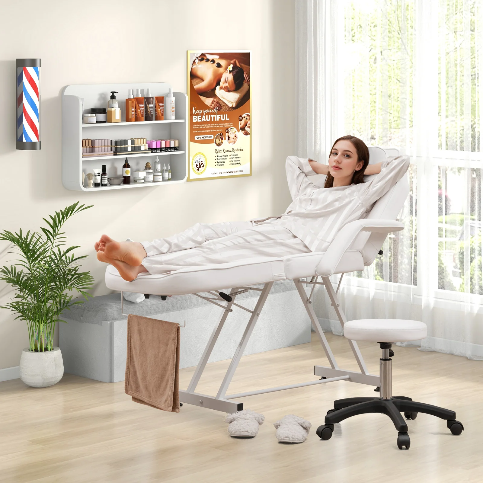 73 Inch Facial Chair Set, Removable Headrest, Detachable Armrests, White - Image 3