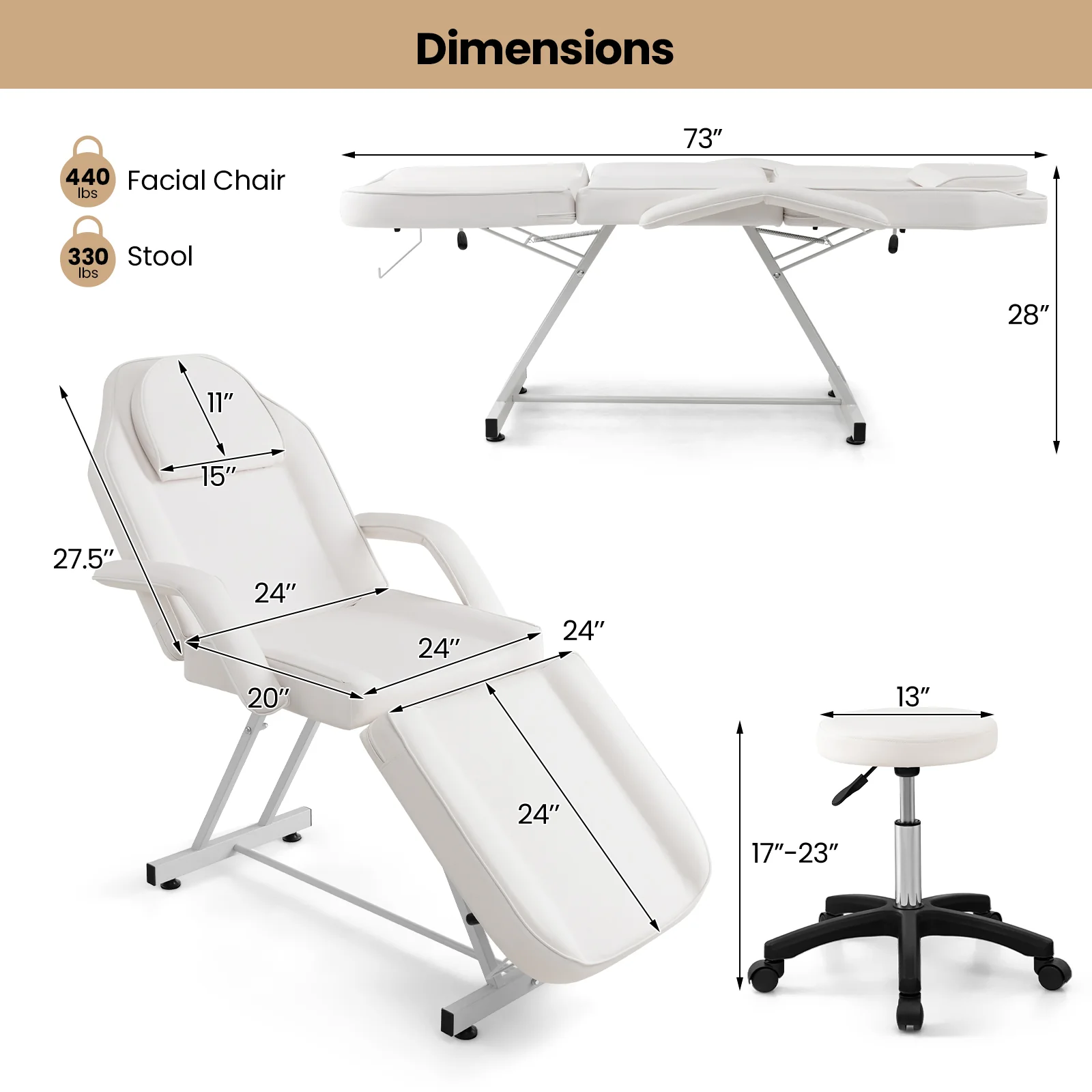 73 Inch Facial Chair Set, Removable Headrest, Detachable Armrests, White - Image 5