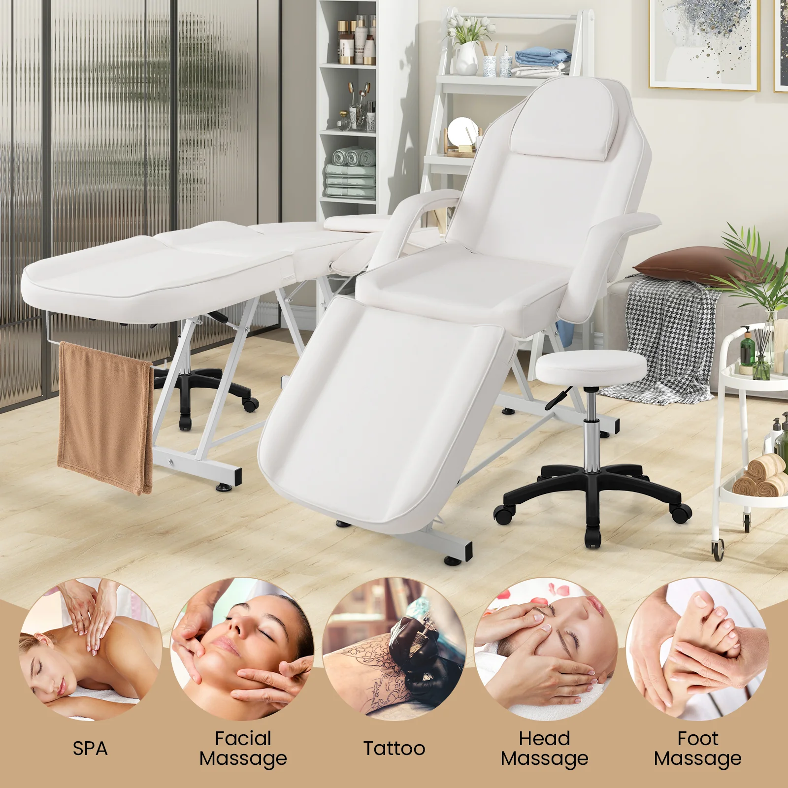 73 Inch Facial Chair Set, Removable Headrest, Detachable Armrests, White - Image 6