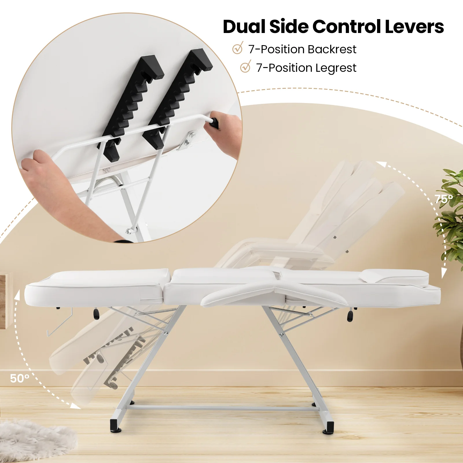 73 Inch Facial Chair Set, Removable Headrest, Detachable Armrests, White - Image 7
