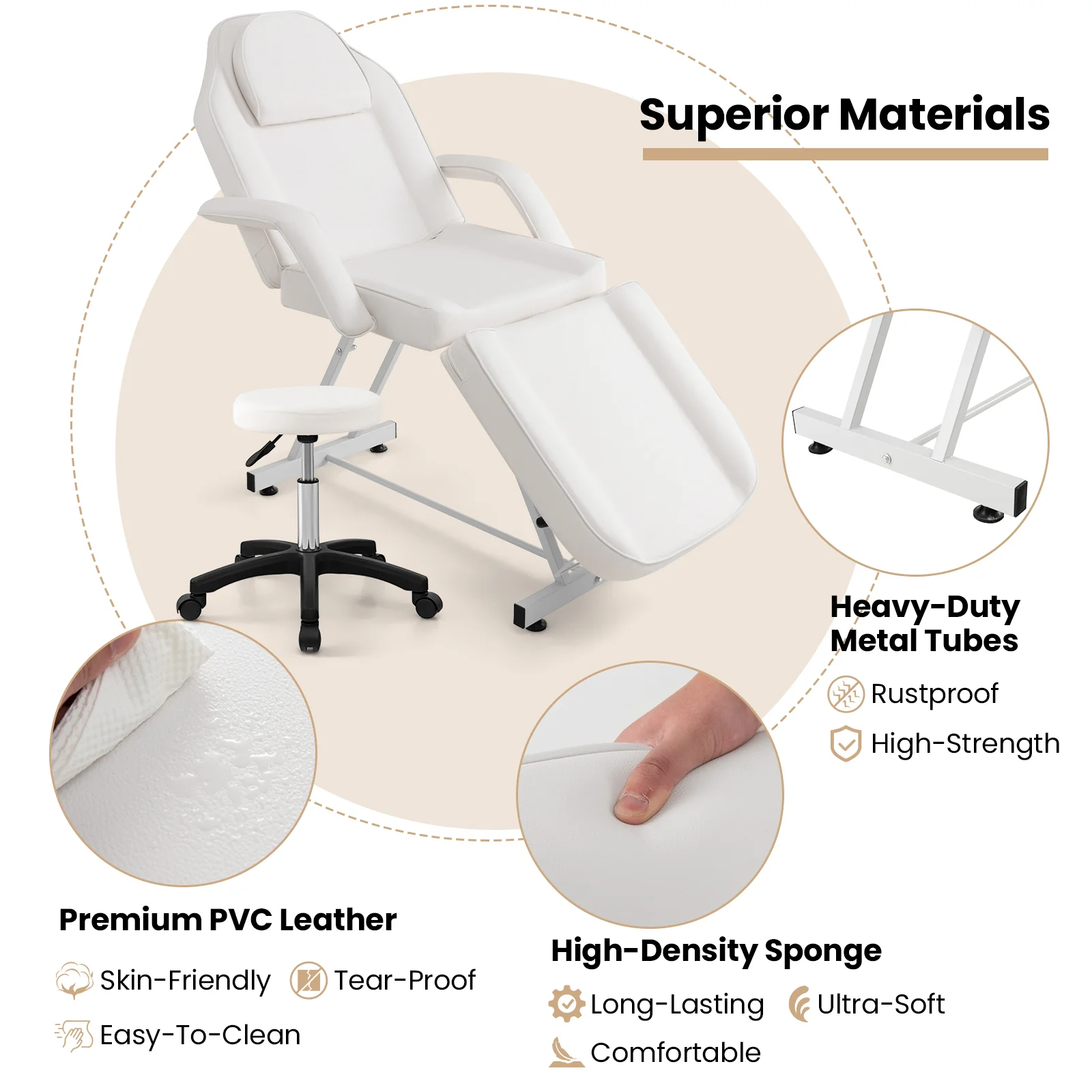 73 Inch Facial Chair Set, Removable Headrest, Detachable Armrests, White - Image 8