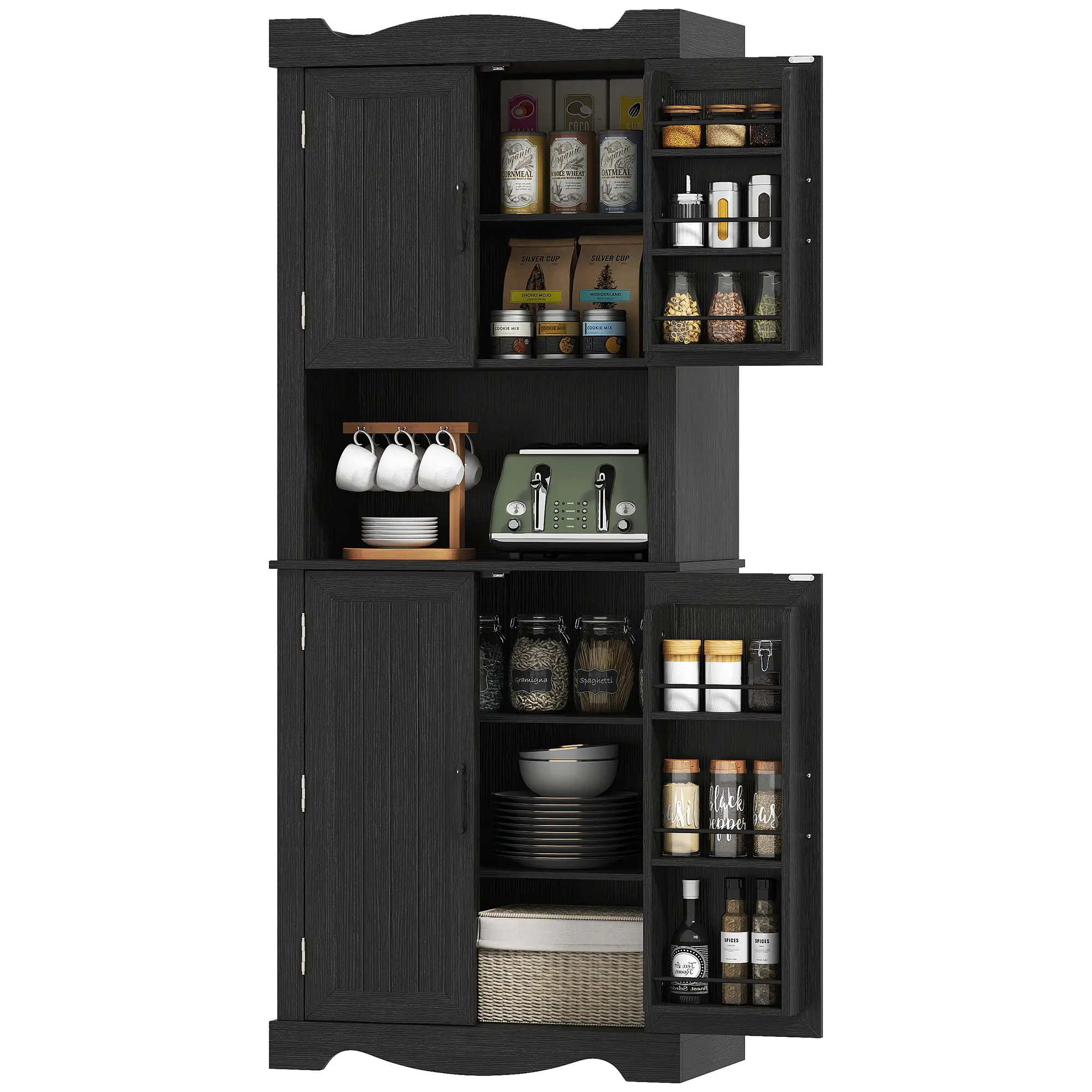 73 Inch Kitchen Pantry Cabinet, Freestanding Hutch, 12 Shelves, Black