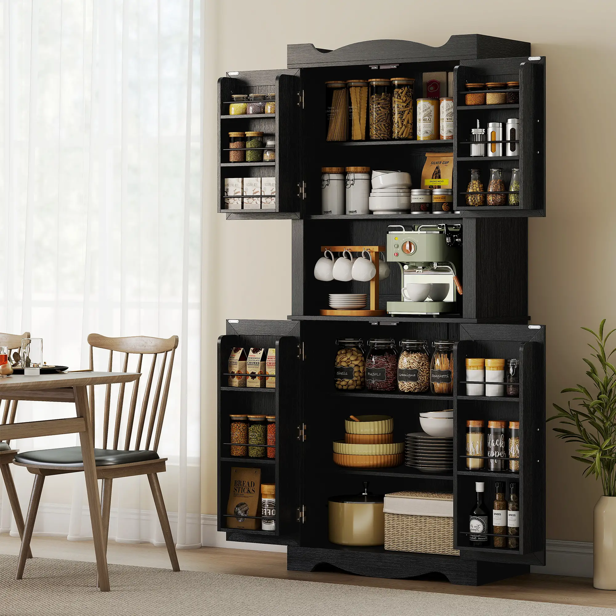 73 Inch Kitchen Pantry Cabinet, Freestanding Hutch, 12 Shelves, Black - Image 2