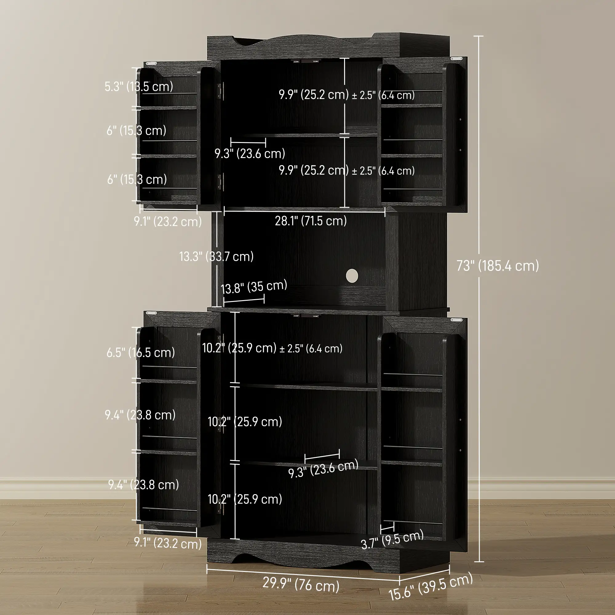73 Inch Kitchen Pantry Cabinet, Freestanding Hutch, 12 Shelves, Black - Image 3