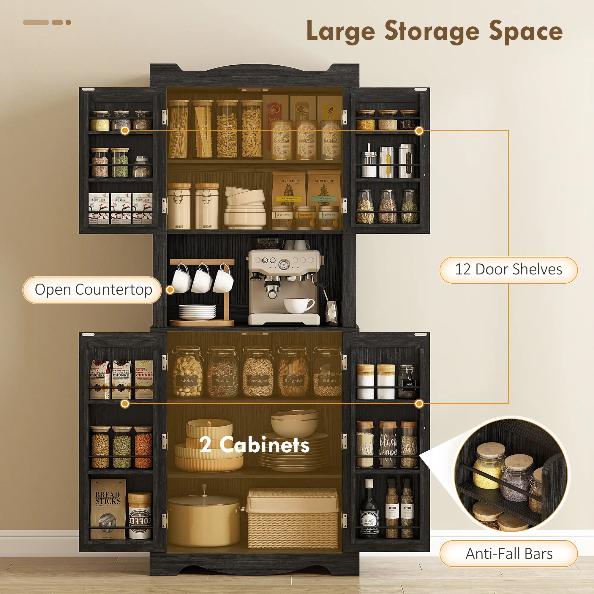 73 Inch Kitchen Pantry Cabinet, Freestanding Hutch, 12 Shelves, Black - Image 4