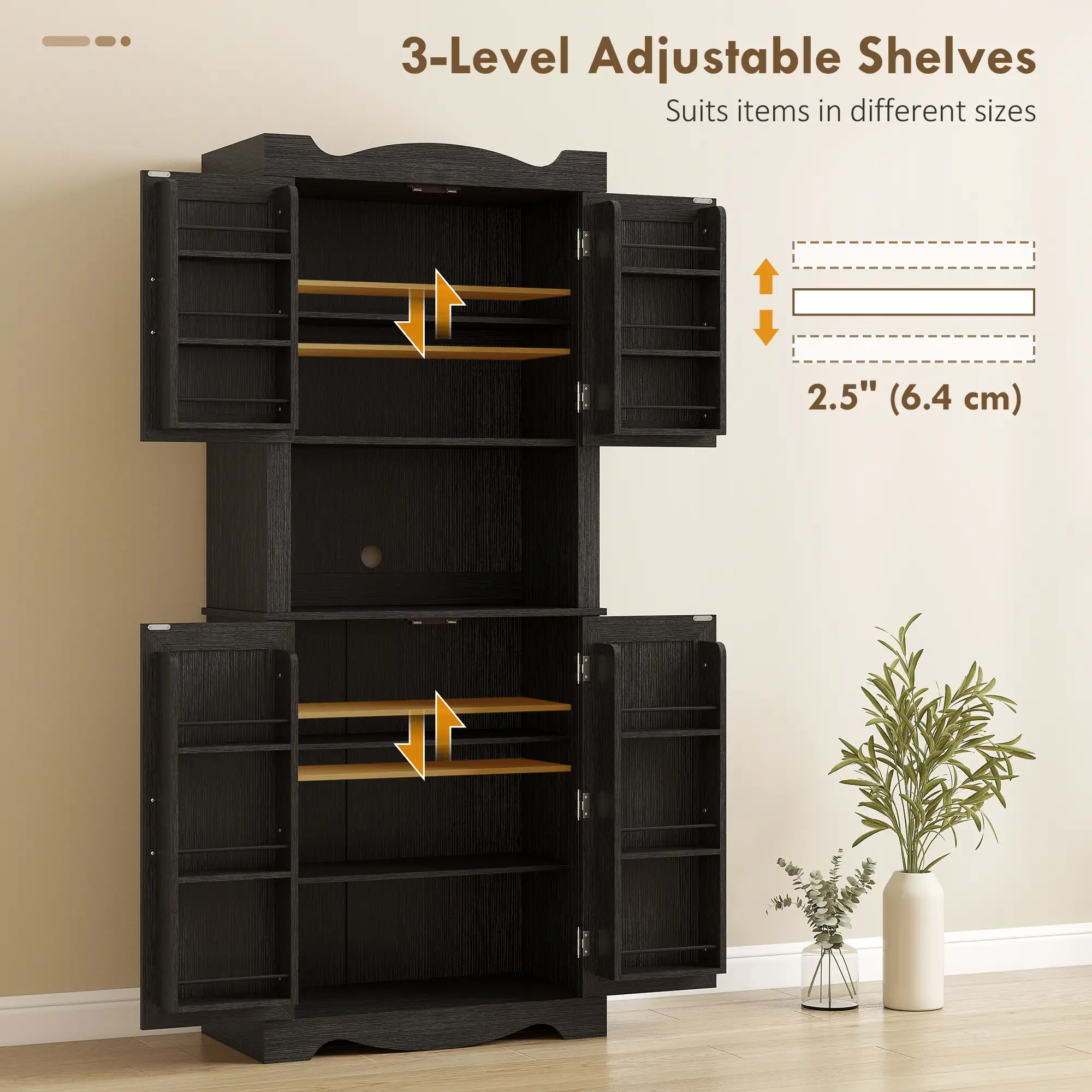73 Inch Kitchen Pantry Cabinet, Freestanding Hutch, 12 Shelves, Black - Image 5