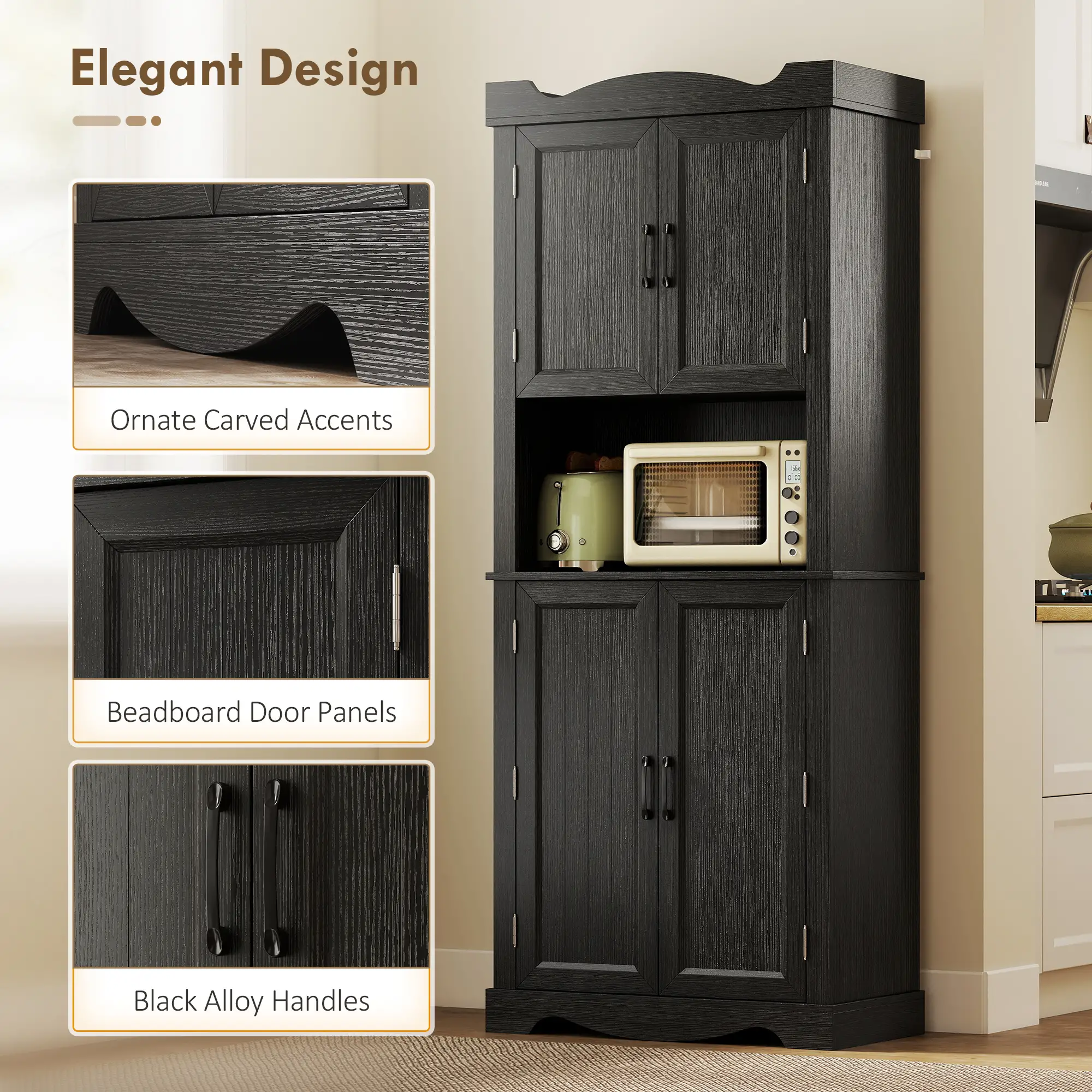 73 Inch Kitchen Pantry Cabinet, Freestanding Hutch, 12 Shelves, Black - Image 7