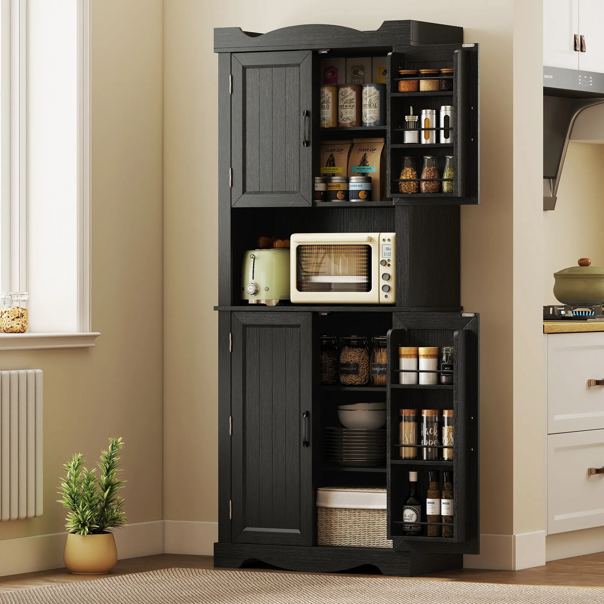 73 Inch Kitchen Pantry Cabinet, Freestanding Hutch, 12 Shelves, Black - Image 8