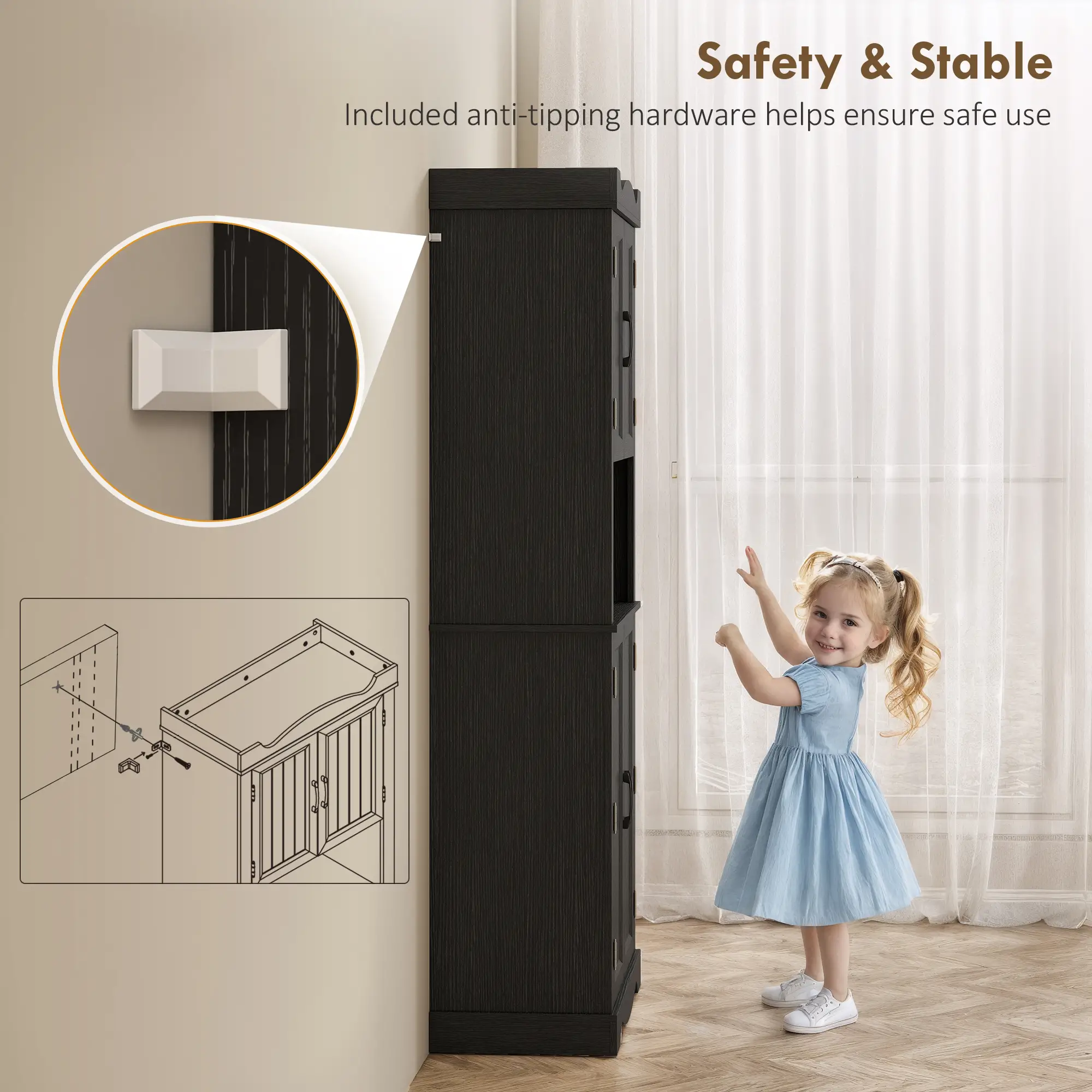 73 Inch Kitchen Pantry Cabinet, Freestanding Hutch, 12 Shelves, Black - Image 9