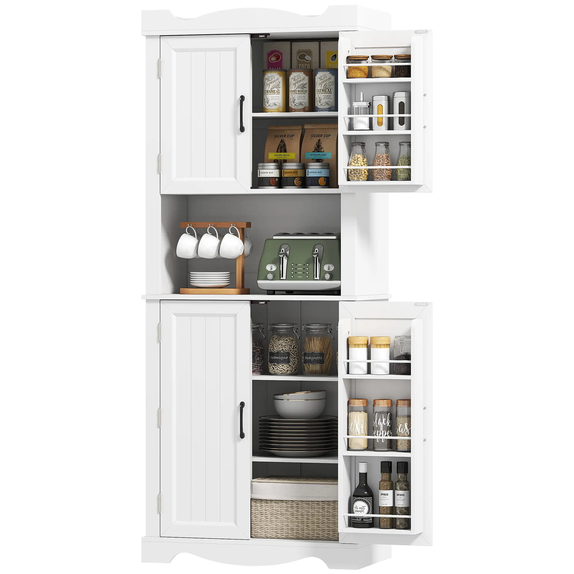 73 Inch Kitchen Pantry Cabinet, Adjustable Shelves, Microwave Stand, White