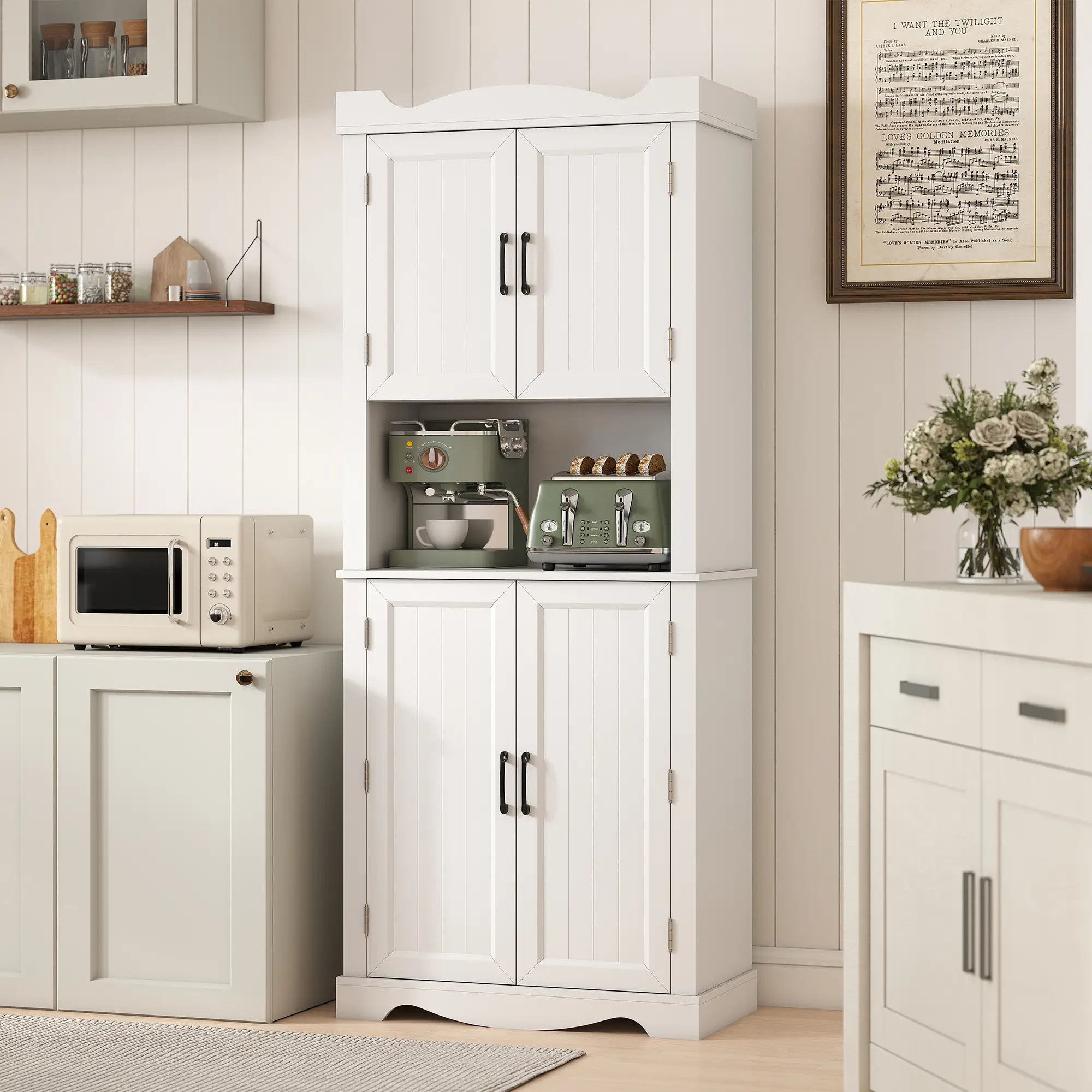 73 Inch Kitchen Pantry Cabinet, Adjustable Shelves, Microwave Stand, White - Image 10