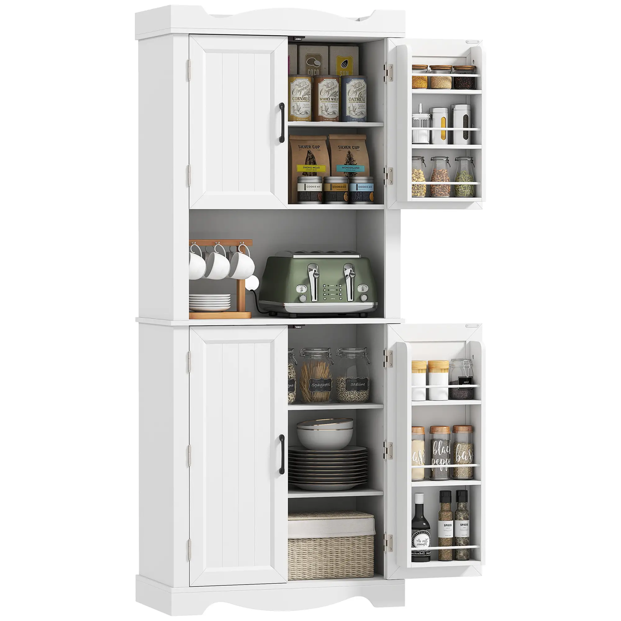 73 Inch Kitchen Pantry Cabinet, Adjustable Shelves, Microwave Stand, White - Image 11