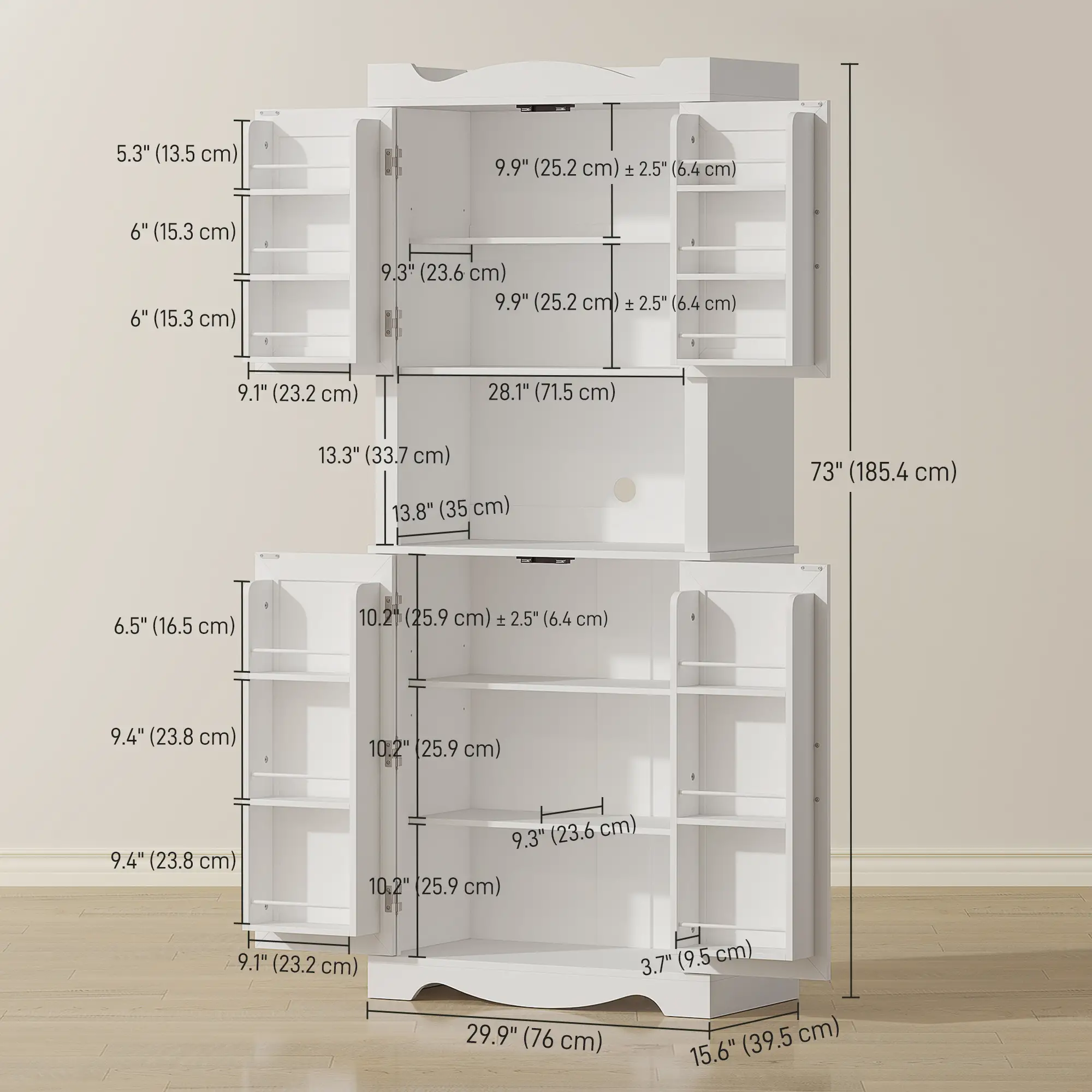 73 Inch Kitchen Pantry Cabinet, Adjustable Shelves, Microwave Stand, White - Image 3