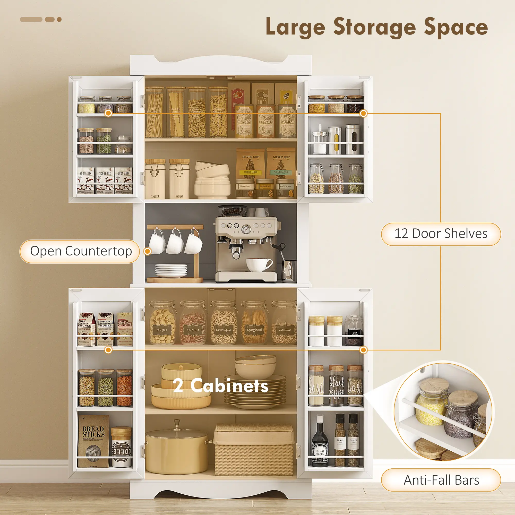 73 Inch Kitchen Pantry Cabinet, Adjustable Shelves, Microwave Stand, White - Image 4