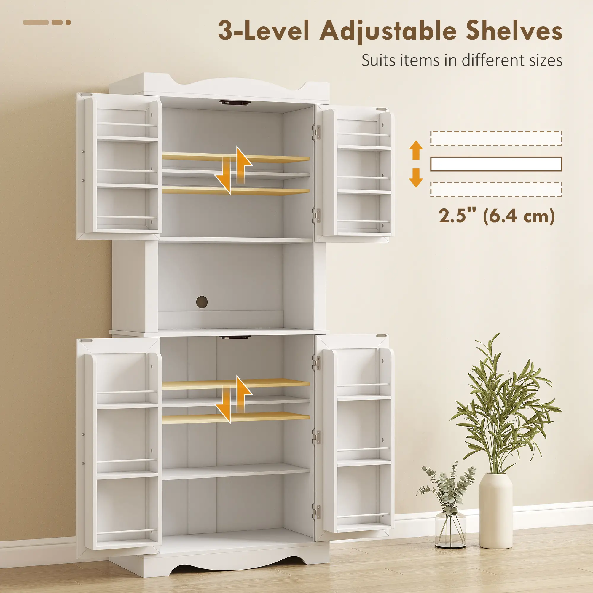 73 Inch Kitchen Pantry Cabinet, Adjustable Shelves, Microwave Stand, White - Image 5