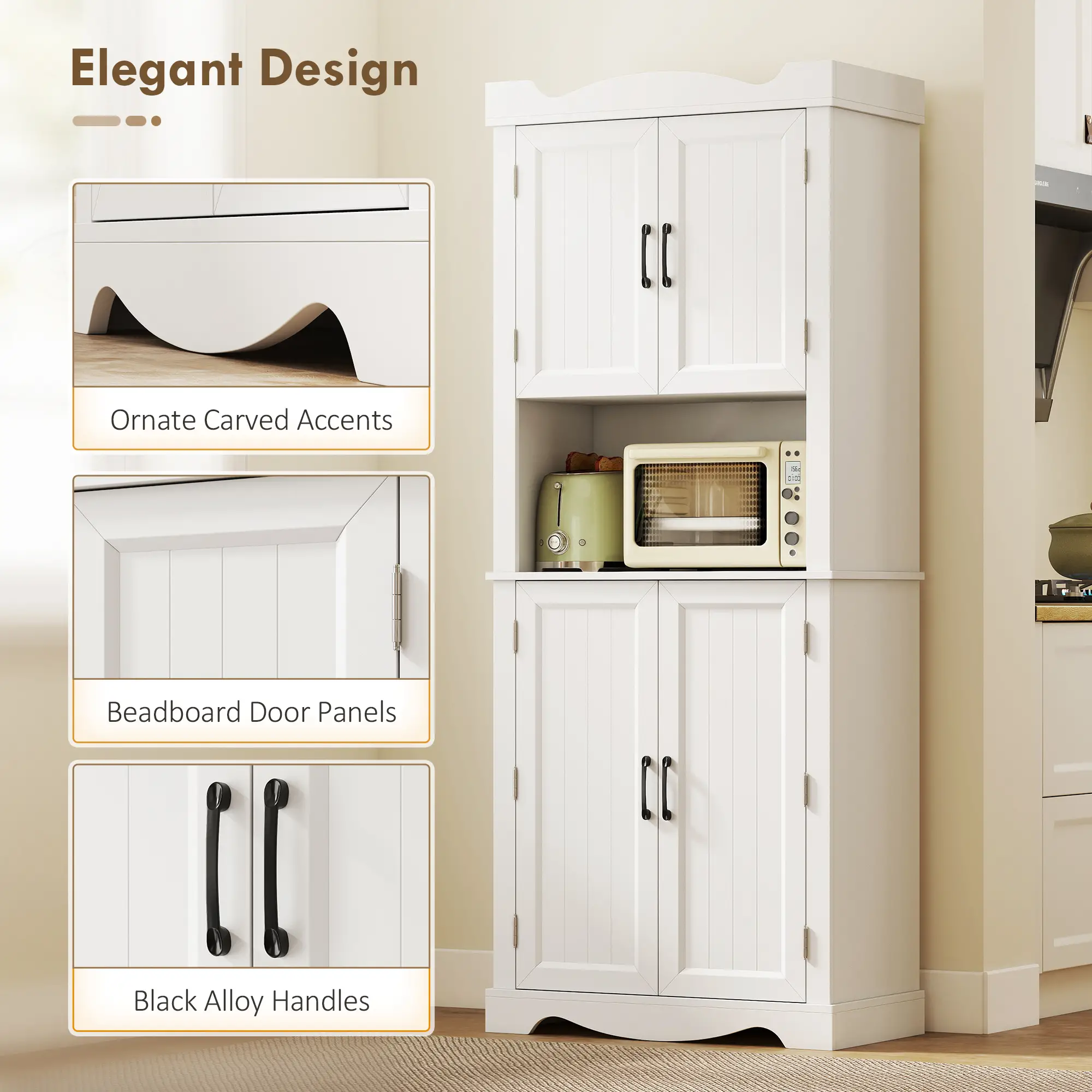 73 Inch Kitchen Pantry Cabinet, Adjustable Shelves, Microwave Stand, White - Image 7