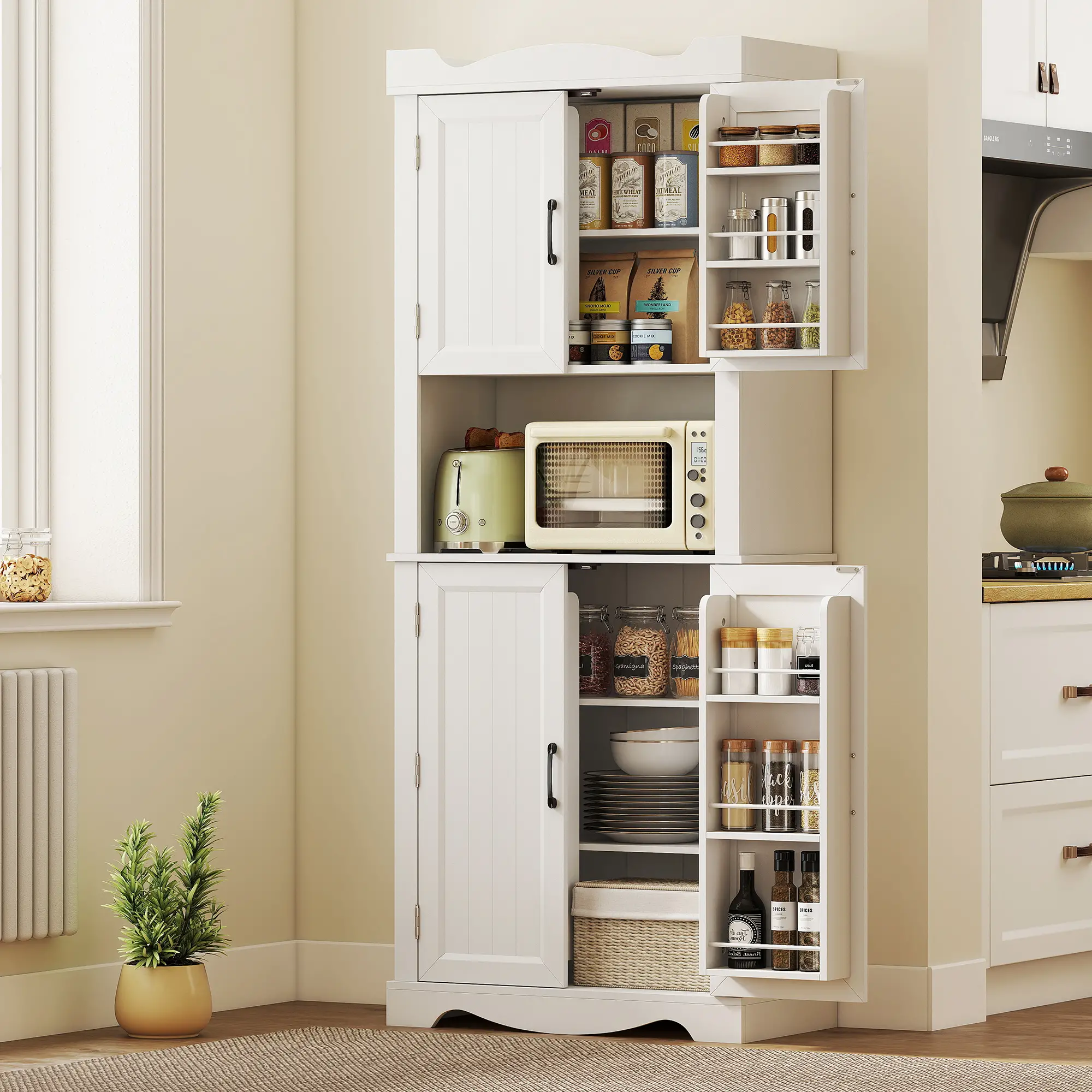 73 Inch Kitchen Pantry Cabinet, Adjustable Shelves, Microwave Stand, White - Image 8