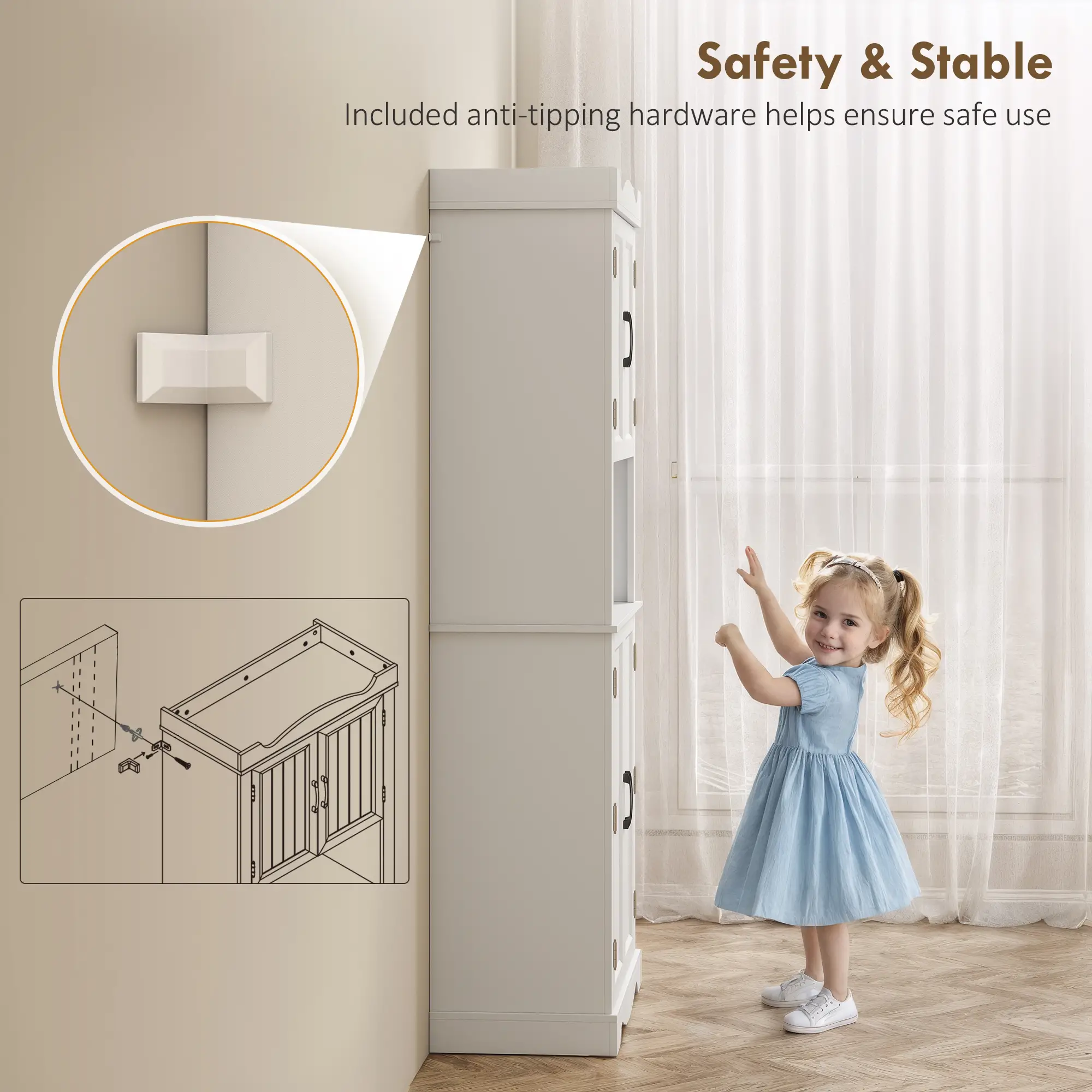 73 Inch Kitchen Pantry Cabinet, Adjustable Shelves, Microwave Stand, White - Image 9