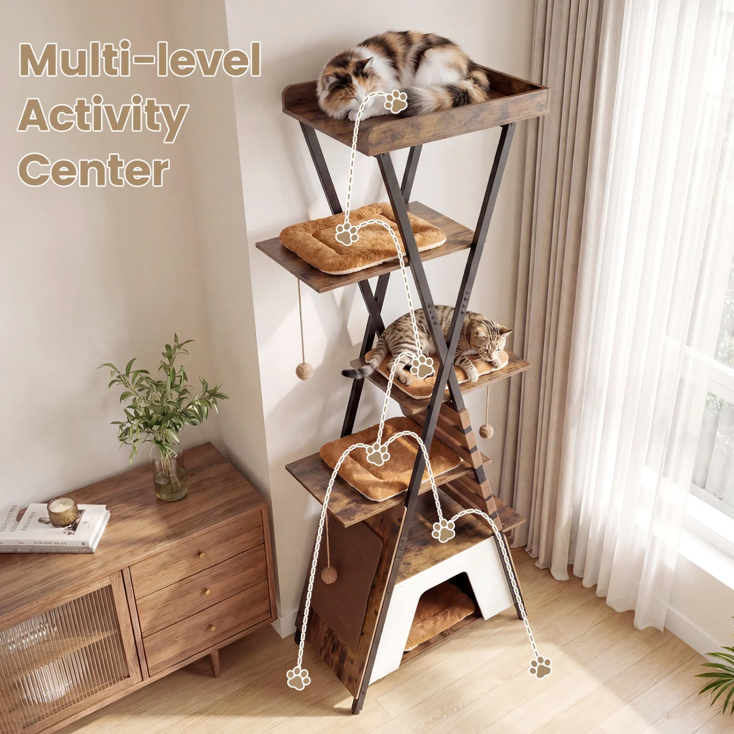73 Inch Multi-Level Cat Tree, Elevated Perch, Large Condo, Brown - Image 6