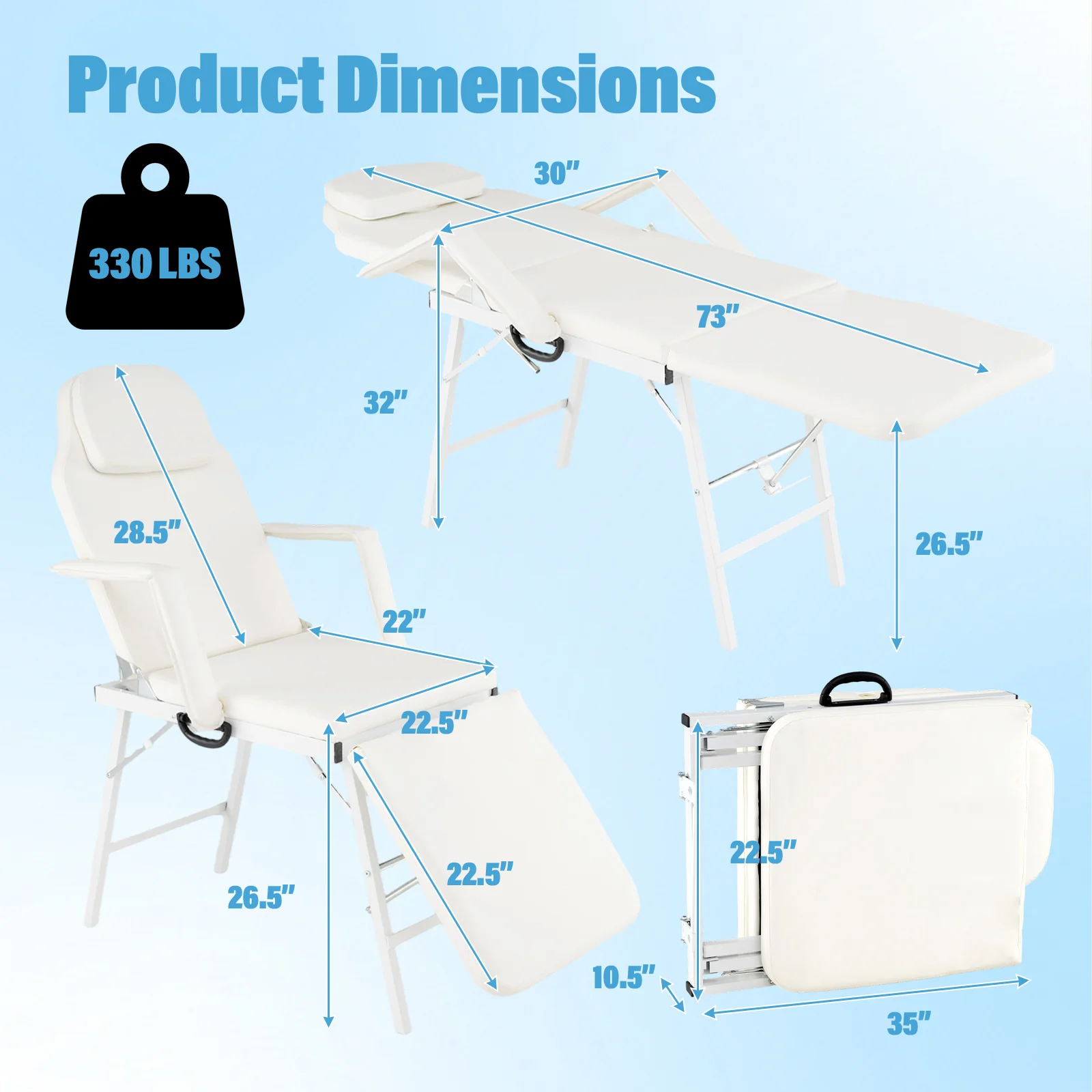 73 Inch Portable Tattoo Salon Facial Bed Massage Table, White - Image 2