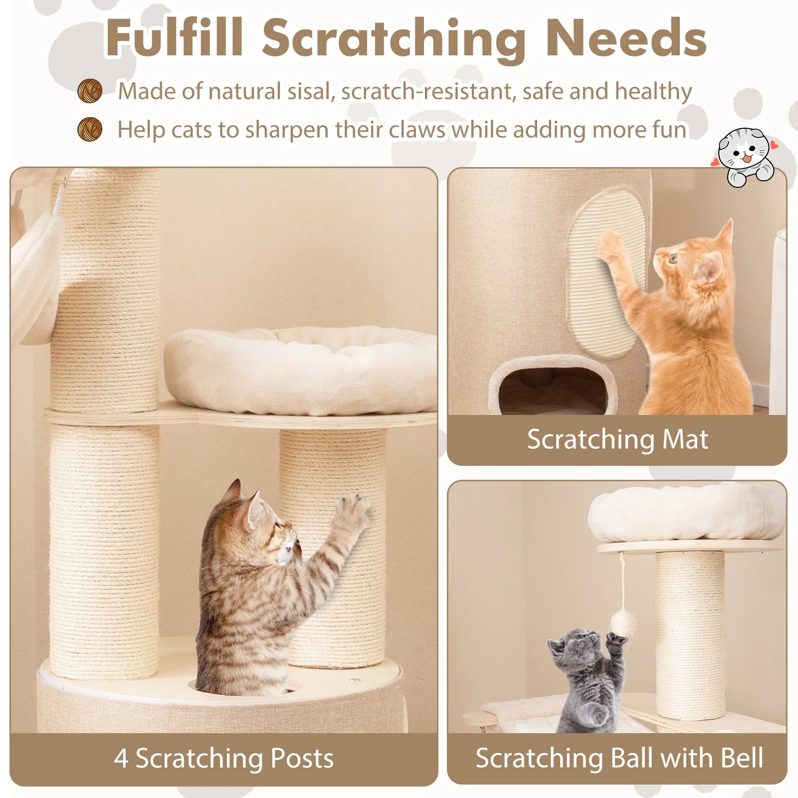 74 Inches Tall Wooden Cat Tower, 2-Story Cat Condo, Washable Cushions, Natural - Image 10