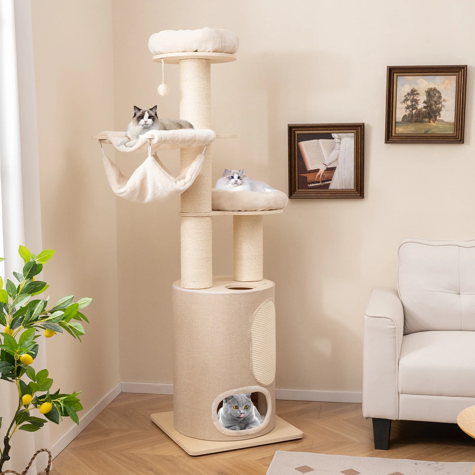 74 Inches Tall Wooden Cat Tower, 2-Story Cat Condo, Washable Cushions, Natural - Image 2