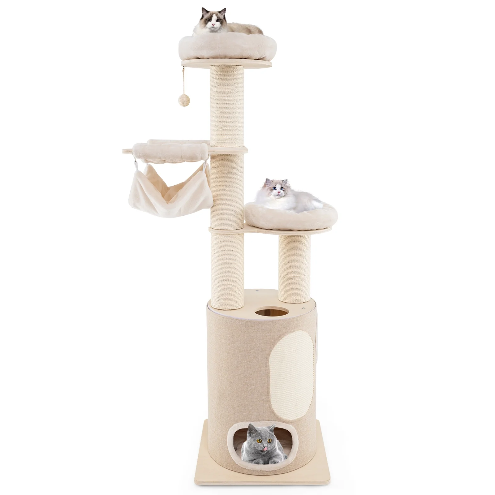 74 Inches Tall Wooden Cat Tower, 2-Story Cat Condo, Washable Cushions, Natural - Image 3