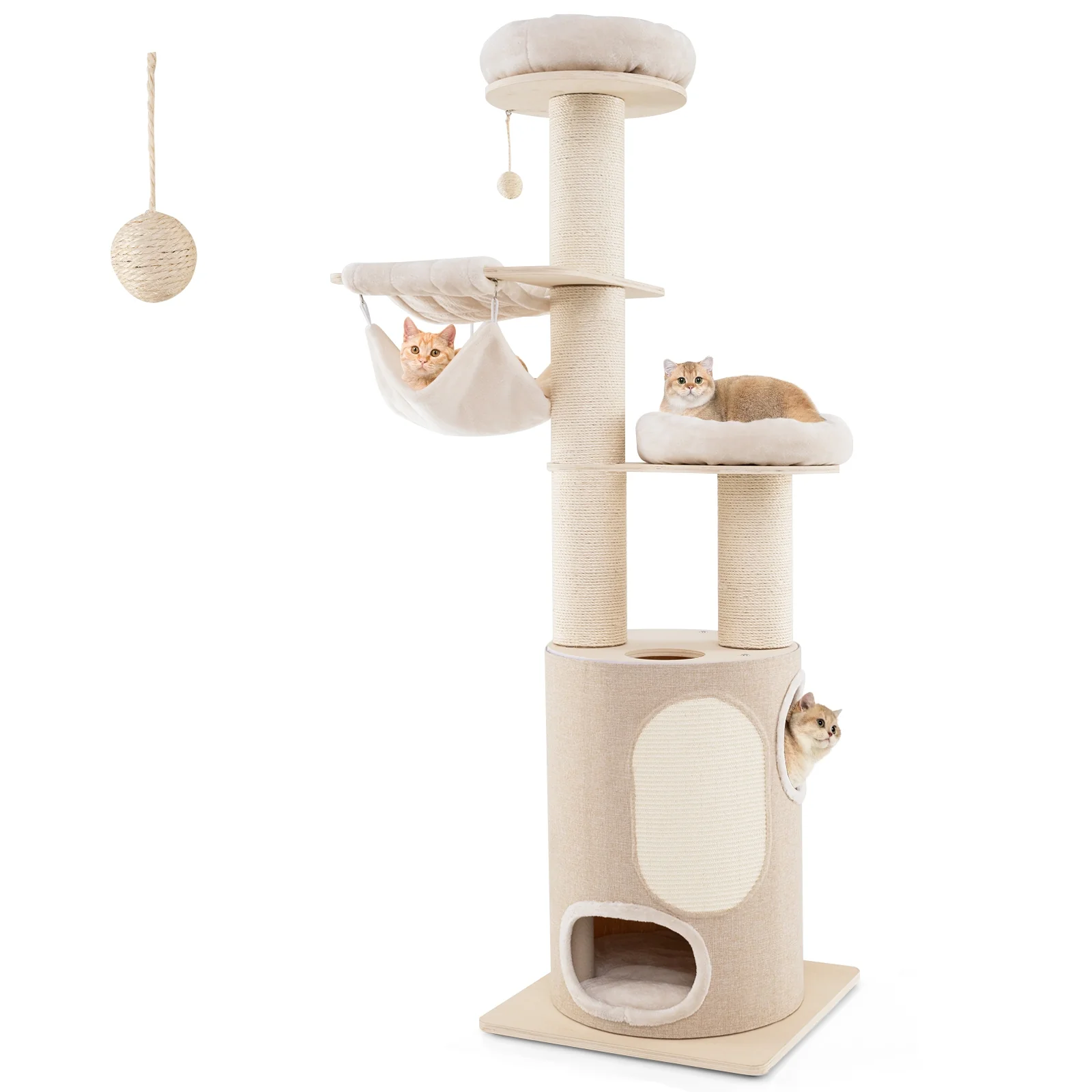 74 Inches Tall Wooden Cat Tower, 2-Story Cat Condo, Washable Cushions, Natural - Image 4