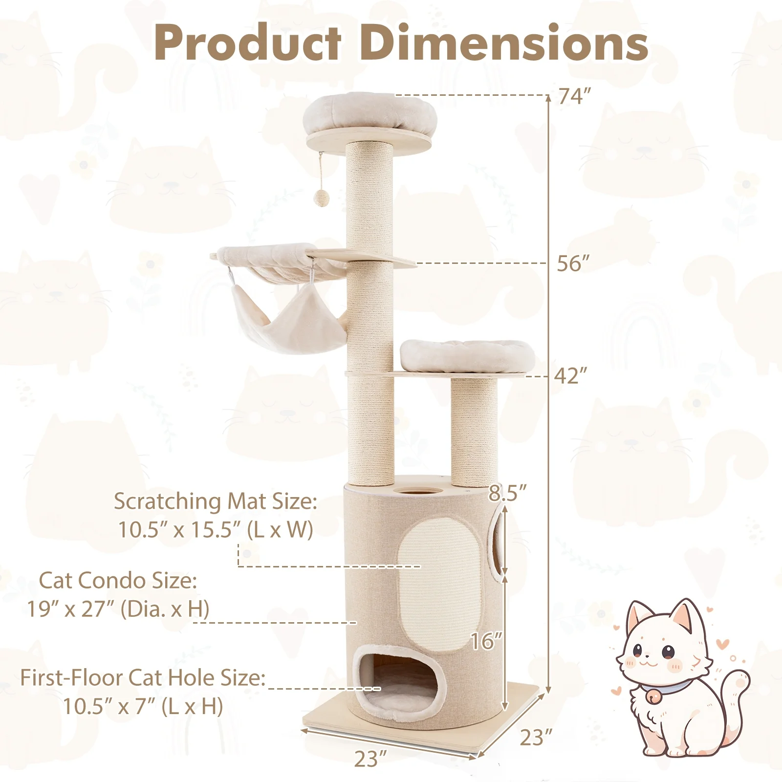 74 Inches Tall Wooden Cat Tower, 2-Story Cat Condo, Washable Cushions, Natural - Image 5